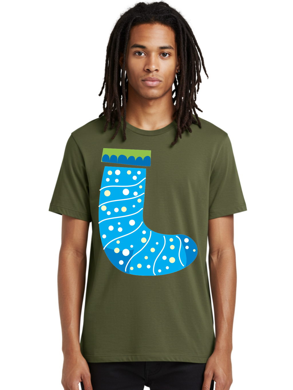 Blue-Christmas-Sock Men'S Graphic Tee, 100% Cotton, Comfortable Casual Summer Wear, Machine Washable, Christmas Stocking, Holiday Decor, Festive Season, Winter Wonderland, Cozy Atmosphere, Blue And White Colors, Polka Dot Pattern, White Swirls Aac533