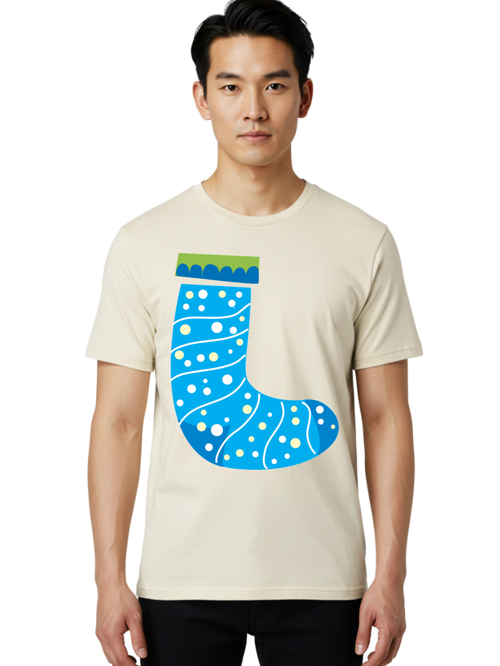 Blue-Christmas-Sock Men'S Graphic Tee, 100% Cotton, Comfortable Casual Summer Wear, Machine Washable, Christmas Stocking, Holiday Decor, Festive Season, Winter Wonderland, Cozy Atmosphere, Blue And White Colors, Polka Dot Pattern, White Swirls Aac533