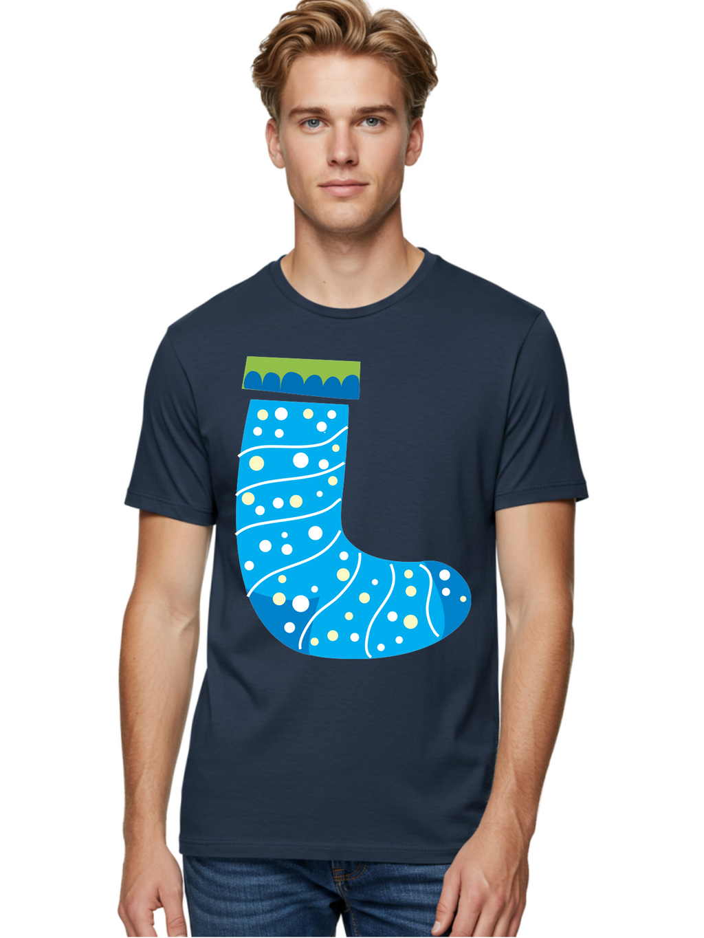 Blue-Christmas-Sock Men'S Graphic Tee, 100% Cotton, Comfortable Casual Summer Wear, Machine Washable, Christmas Stocking, Holiday Decor, Festive Season, Winter Wonderland, Cozy Atmosphere, Blue And White Colors, Polka Dot Pattern, White Swirls Aac533