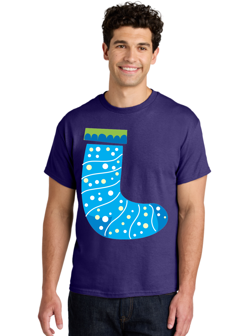 Blue-Christmas-Sock Men'S Graphic Tee, 100% Cotton, Comfortable Casual Summer Wear, Machine Washable, Christmas Stocking, Holiday Decor, Festive Season, Winter Wonderland, Cozy Atmosphere, Blue And White Colors, Polka Dot Pattern, White Swirls Aac533