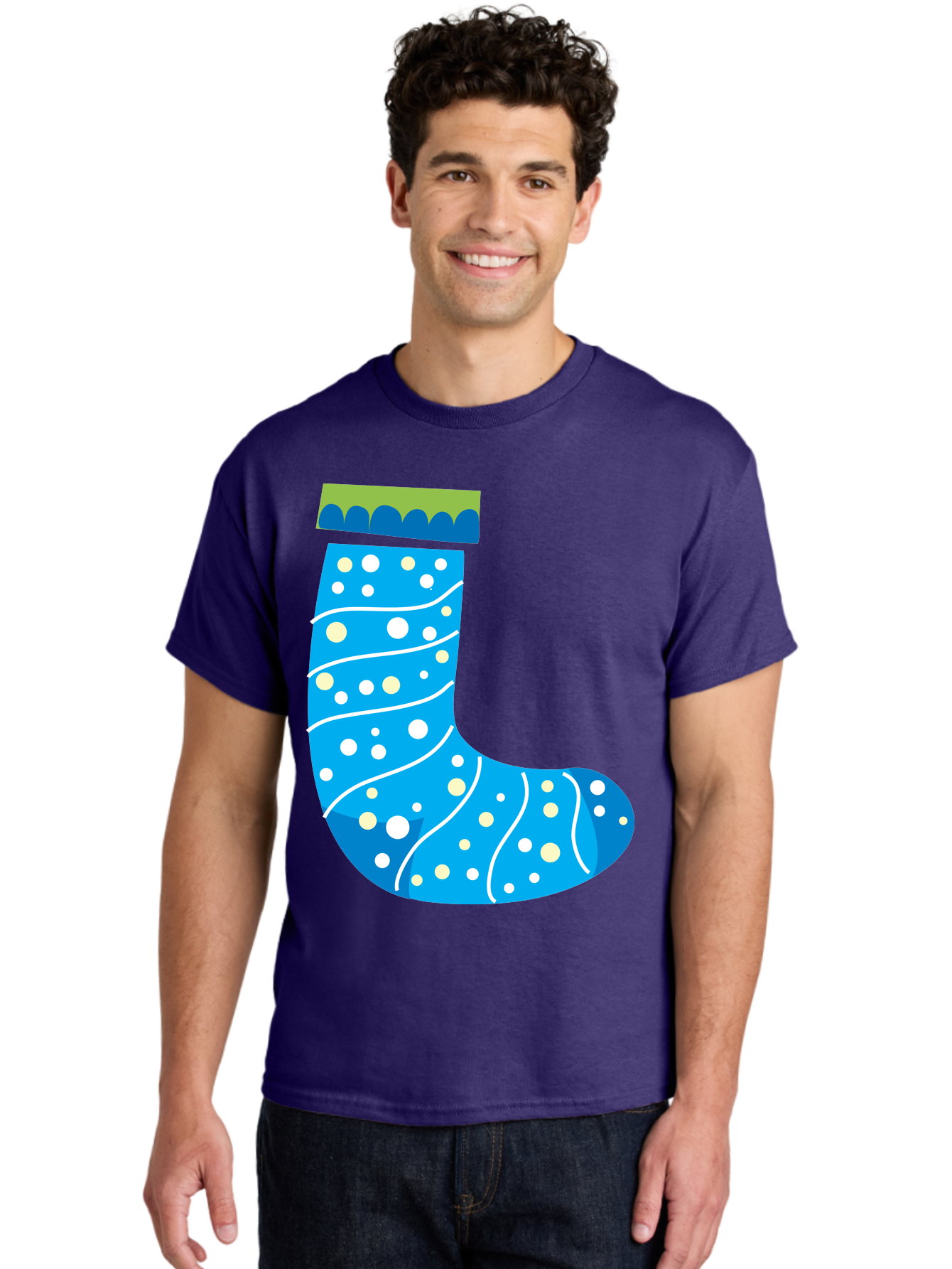 Blue-Christmas-Sock Men'S Graphic Tee, 100% Cotton, Comfortable Casual Summer Wear, Machine Washable, Christmas Stocking, Holiday Decor, Festive Season, Winter Wonderland, Cozy Atmosphere, Blue And White Colors, Polka Dot Pattern, White Swirls Aac533