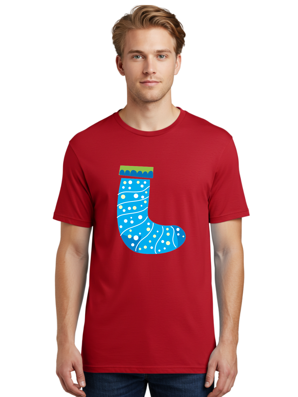 Blue-Christmas-Sock Men'S Graphic Tee, 100% Cotton, Comfortable Casual Summer Wear, Machine Washable, Christmas Stocking, Holiday Decor, Festive Season, Winter Wonderland, Cozy Atmosphere, Blue And White Colors, Polka Dot Pattern, White Swirls Aac533