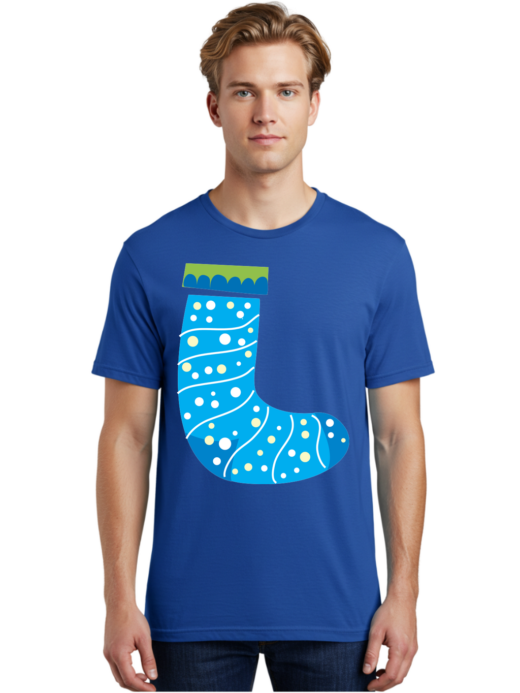 Blue-Christmas-Sock Men'S Graphic Tee, 100% Cotton, Comfortable Casual Summer Wear, Machine Washable, Christmas Stocking, Holiday Decor, Festive Season, Winter Wonderland, Cozy Atmosphere, Blue And White Colors, Polka Dot Pattern, White Swirls Aac533
