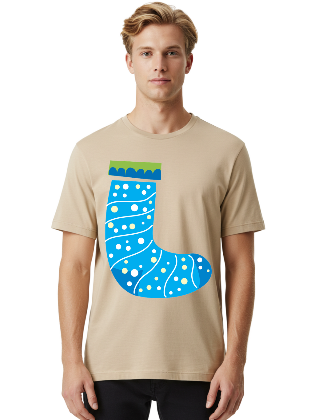 Blue-Christmas-Sock Men'S Graphic Tee, 100% Cotton, Comfortable Casual Summer Wear, Machine Washable, Christmas Stocking, Holiday Decor, Festive Season, Winter Wonderland, Cozy Atmosphere, Blue And White Colors, Polka Dot Pattern, White Swirls Aac533