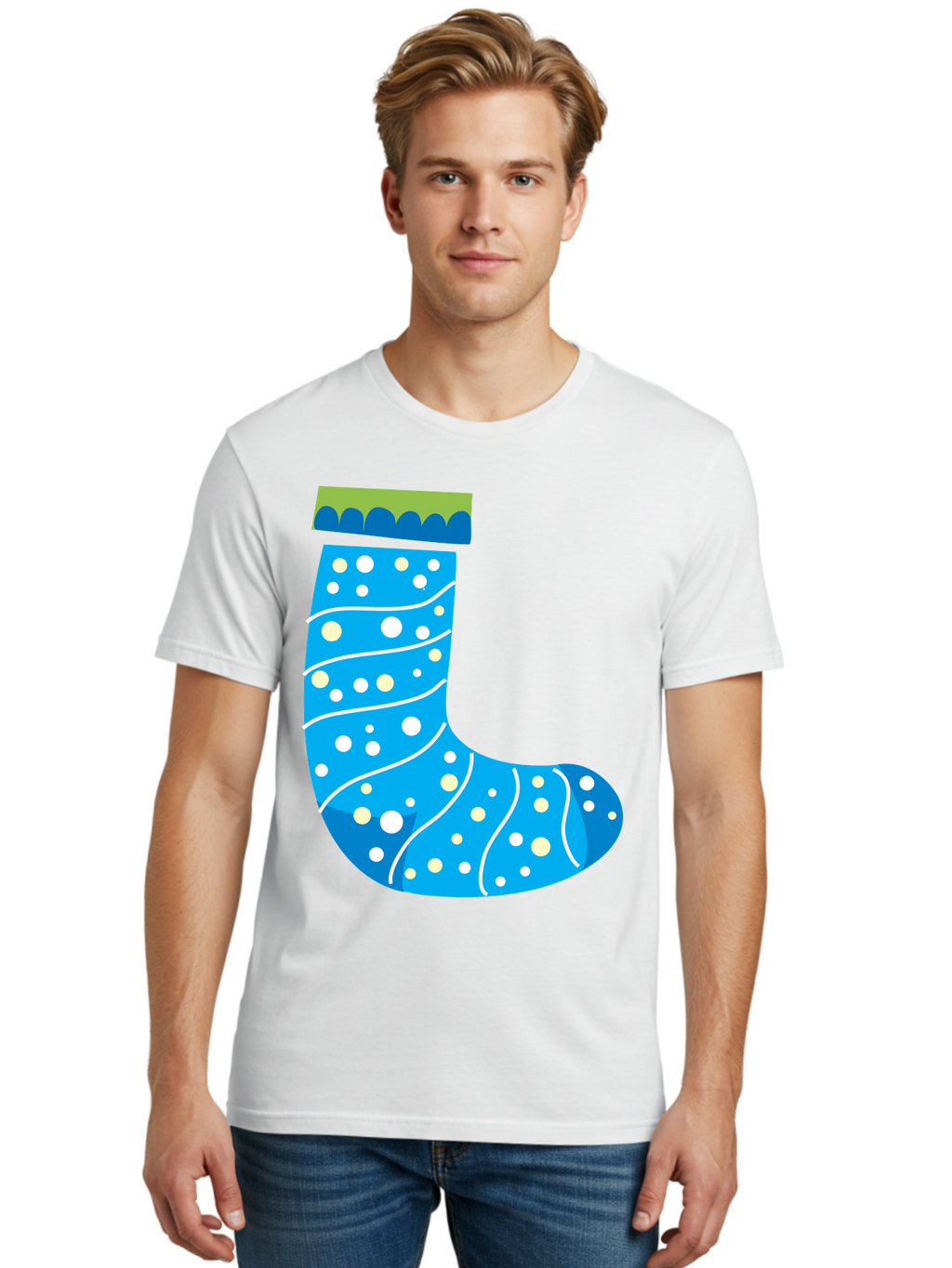 Blue-Christmas-Sock Men'S Graphic Tee, 100% Cotton, Comfortable Casual Summer Wear, Machine Washable, Christmas Stocking, Holiday Decor, Festive Season, Winter Wonderland, Cozy Atmosphere, Blue And White Colors, Polka Dot Pattern, White Swirls Aac533