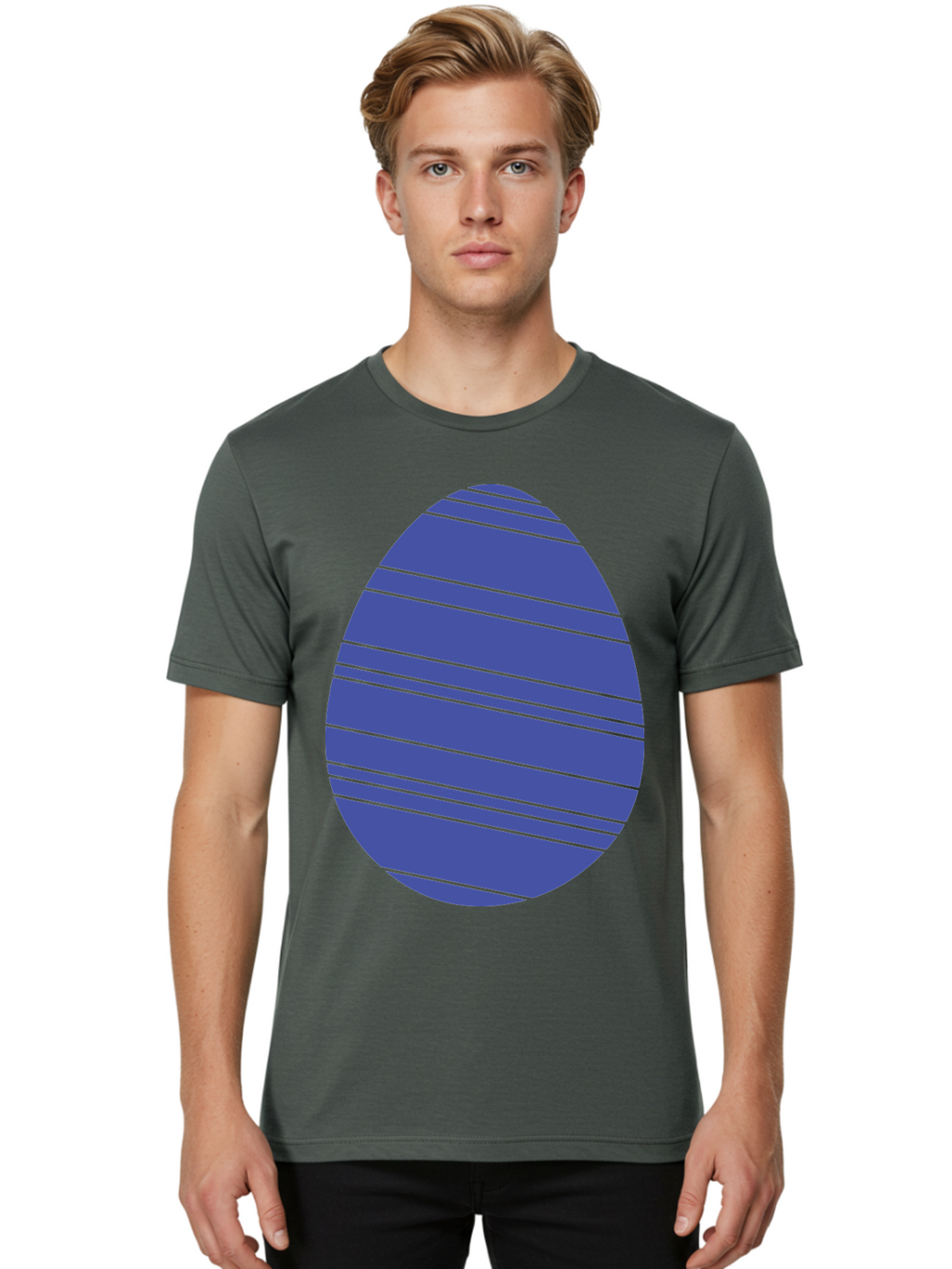 Blue-Easter-Egg Men'S Graphic Tee, 100% Cotton, Comfortable Casual Summer Wear, Machine Washable, Blue Oval Shape, Diagonal Stripes, Striped Pattern, Graphic Design, Abstract Art, Vibrant Colors, Modern Illustration Aac535