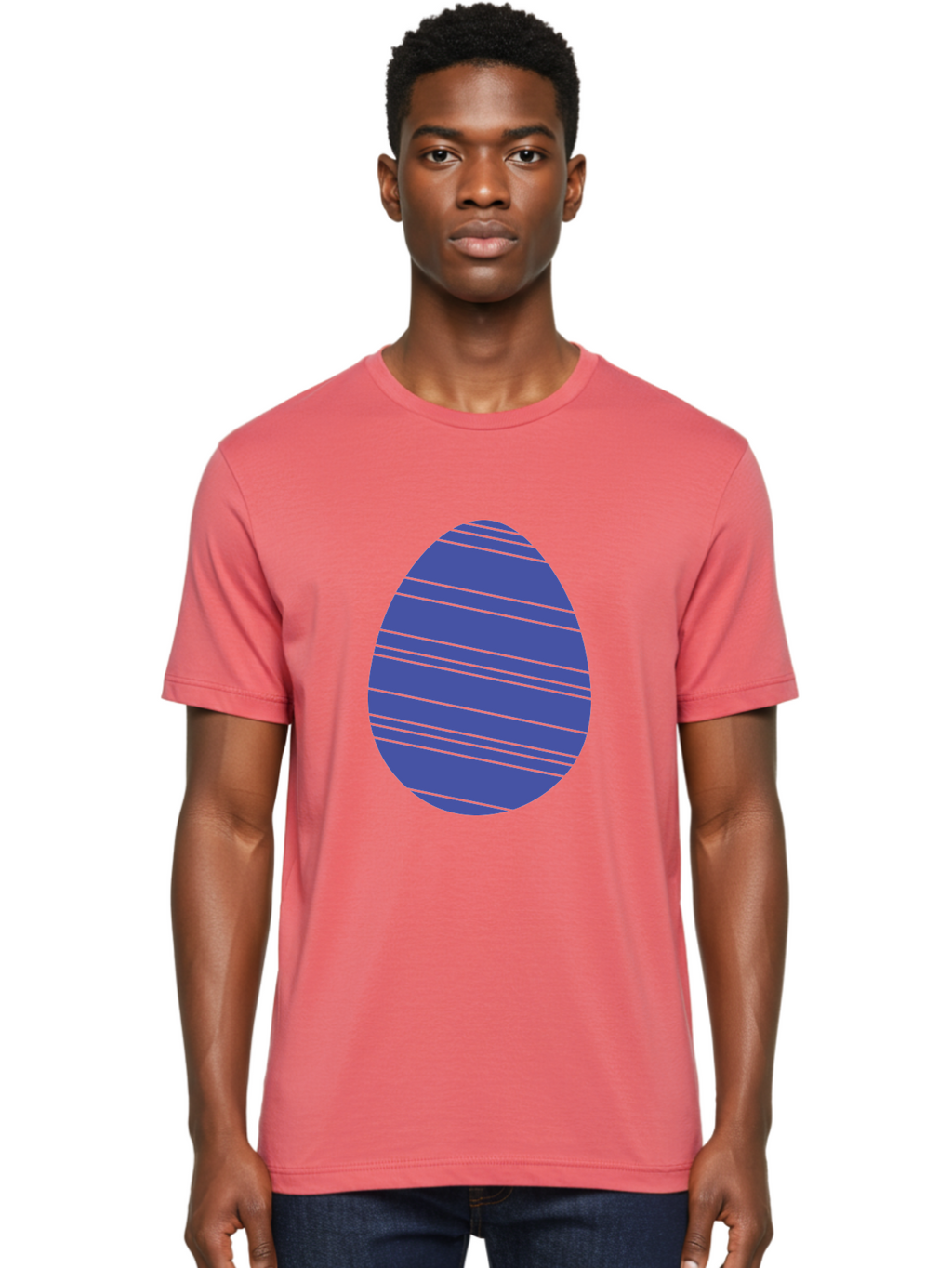Blue-Easter-Egg Men'S Graphic Tee, 100% Cotton, Comfortable Casual Summer Wear, Machine Washable, Blue Oval Shape, Diagonal Stripes, Striped Pattern, Graphic Design, Abstract Art, Vibrant Colors, Modern Illustration Aac535