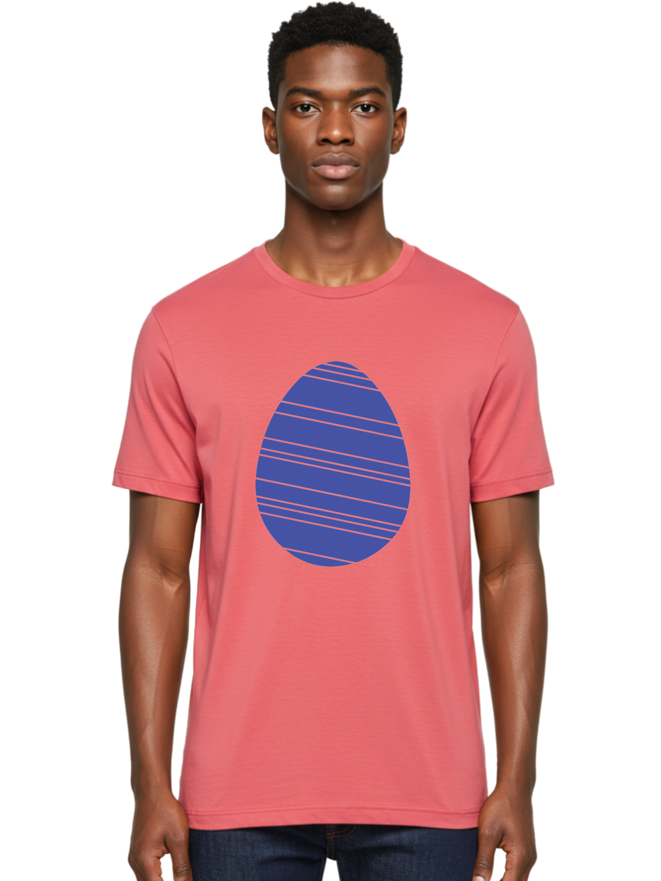Blue-Easter-Egg Men'S Graphic Tee, 100% Cotton, Comfortable Casual Summer Wear, Machine Washable, Blue Oval Shape, Diagonal Stripes, Striped Pattern, Graphic Design, Abstract Art, Vibrant Colors, Modern Illustration Aac535