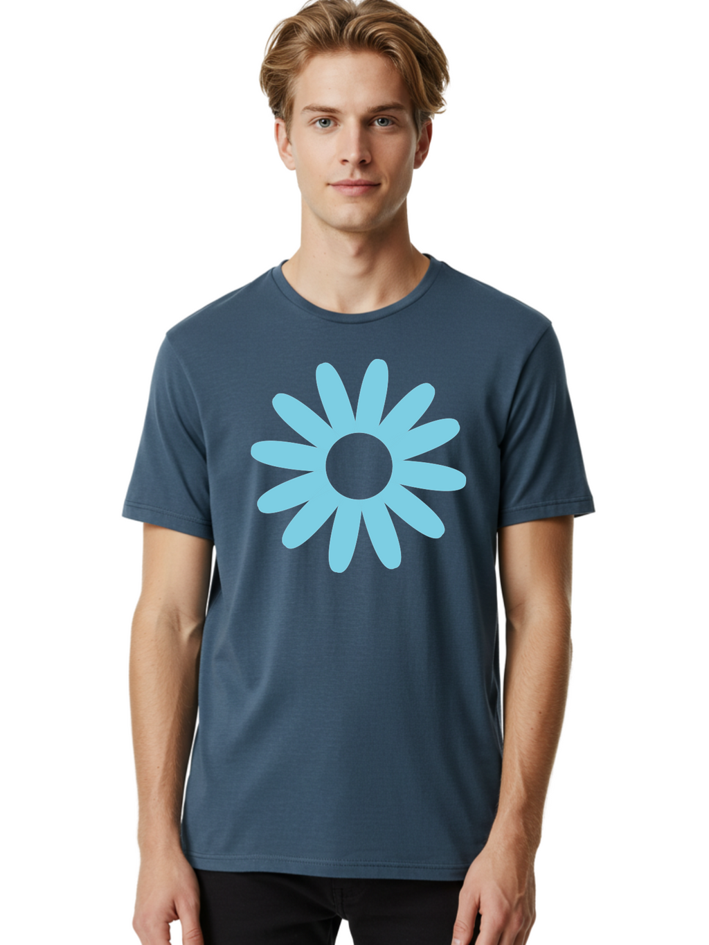 Blue-Flower Men'S Graphic Tee, 100% Cotton, Comfortable Casual Summer Wear, Machine Washable, Blue Flower, Simple Design, Minimalist Art, Floral Pattern, Light Blue Petals, Abstract Flower, Modern Graphics Aac536