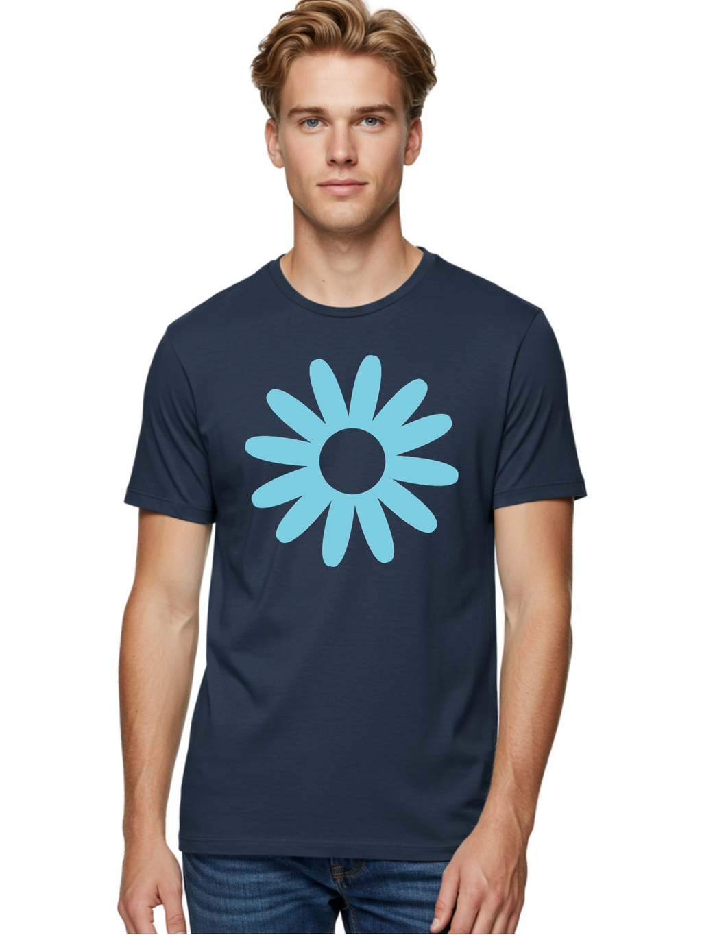 Blue-Flower Men'S Graphic Tee, 100% Cotton, Comfortable Casual Summer Wear, Machine Washable, Blue Flower, Simple Design, Minimalist Art, Floral Pattern, Light Blue Petals, Abstract Flower, Modern Graphics Aac536