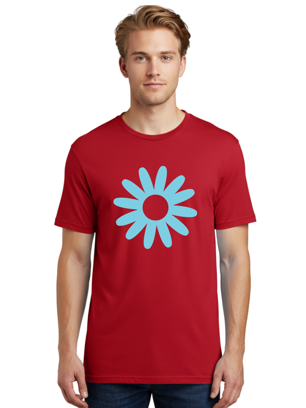 Blue-Flower Men'S Graphic Tee, 100% Cotton, Comfortable Casual Summer Wear, Machine Washable, Blue Flower, Simple Design, Minimalist Art, Floral Pattern, Light Blue Petals, Abstract Flower, Modern Graphics Aac536