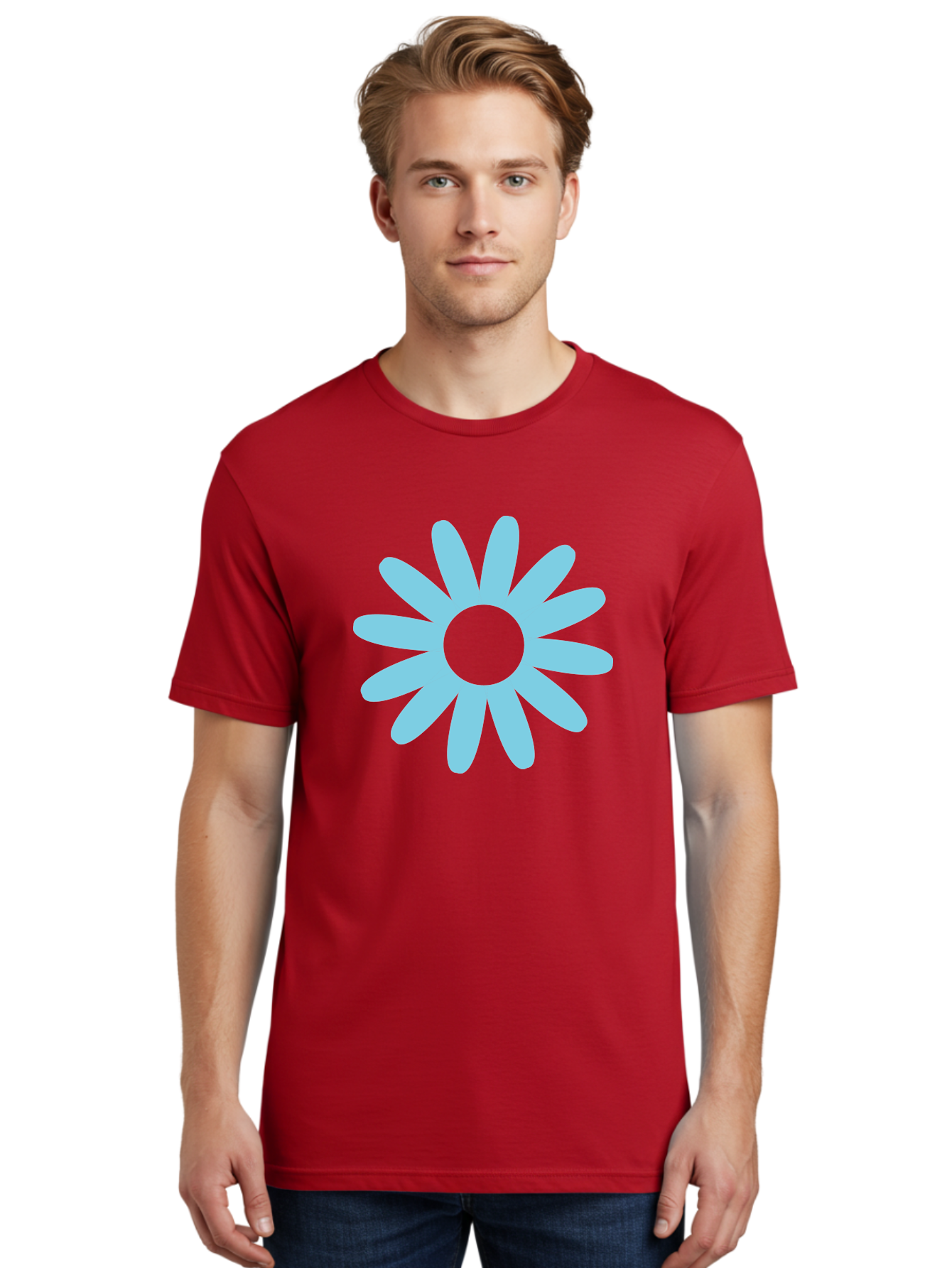 Blue-Flower Men'S Graphic Tee, 100% Cotton, Comfortable Casual Summer Wear, Machine Washable, Blue Flower, Simple Design, Minimalist Art, Floral Pattern, Light Blue Petals, Abstract Flower, Modern Graphics Aac536