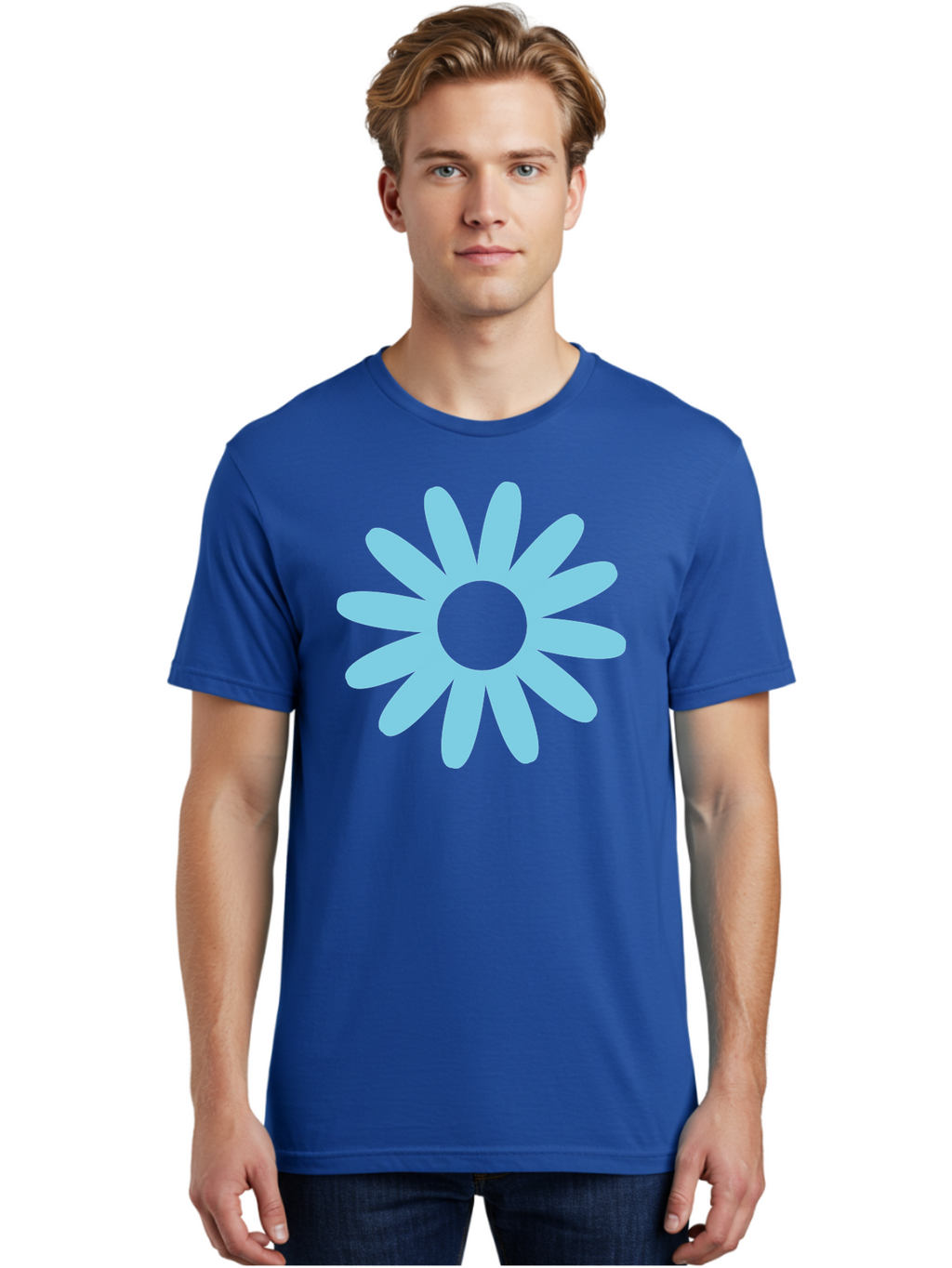 Blue-Flower Men'S Graphic Tee, 100% Cotton, Comfortable Casual Summer Wear, Machine Washable, Blue Flower, Simple Design, Minimalist Art, Floral Pattern, Light Blue Petals, Abstract Flower, Modern Graphics Aac536