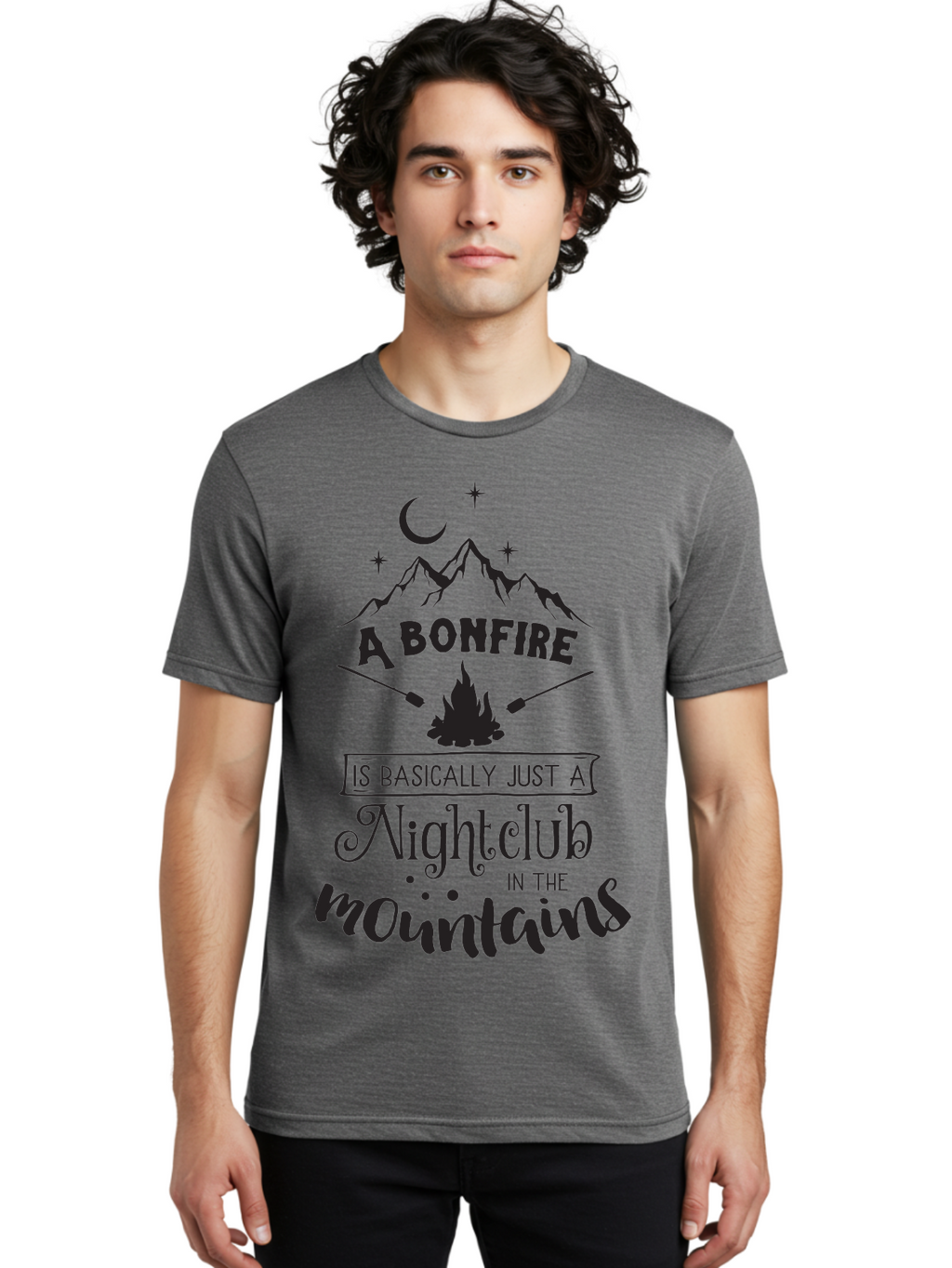 Bonfire-Nightclub Men'S Graphic Tee, 100% Cotton, Comfortable Casual Summer Wear, Machine Washable, Bonfire In The Mountains, Nightclub Atmosphere, Camping Vibes, Outdoor Adventures, Wilderness Getaway, Moonlit Nights, Starry Skies, Aac537
