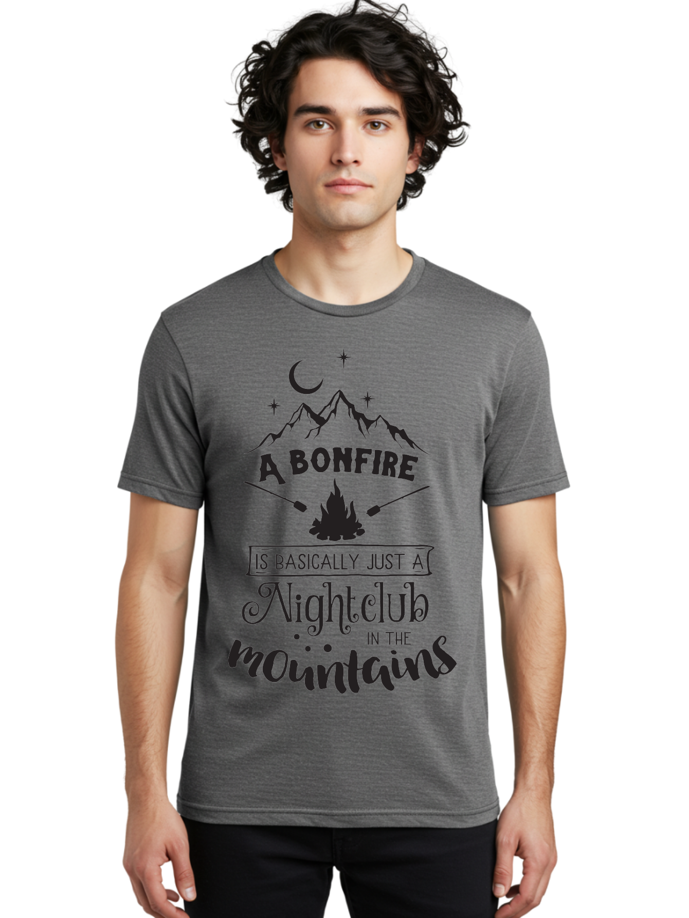 Bonfire-Nightclub Men'S Graphic Tee, 100% Cotton, Comfortable Casual Summer Wear, Machine Washable, Bonfire In The Mountains, Nightclub Atmosphere, Camping Vibes, Outdoor Adventures, Wilderness Getaway, Moonlit Nights, Starry Skies, Aac537
