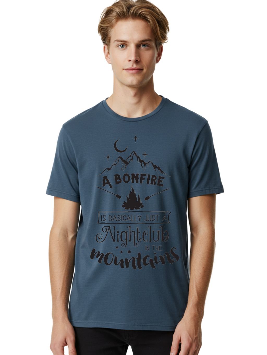 Bonfire-Nightclub Men'S Graphic Tee, 100% Cotton, Comfortable Casual Summer Wear, Machine Washable, Bonfire In The Mountains, Nightclub Atmosphere, Camping Vibes, Outdoor Adventures, Wilderness Getaway, Moonlit Nights, Starry Skies, Aac537