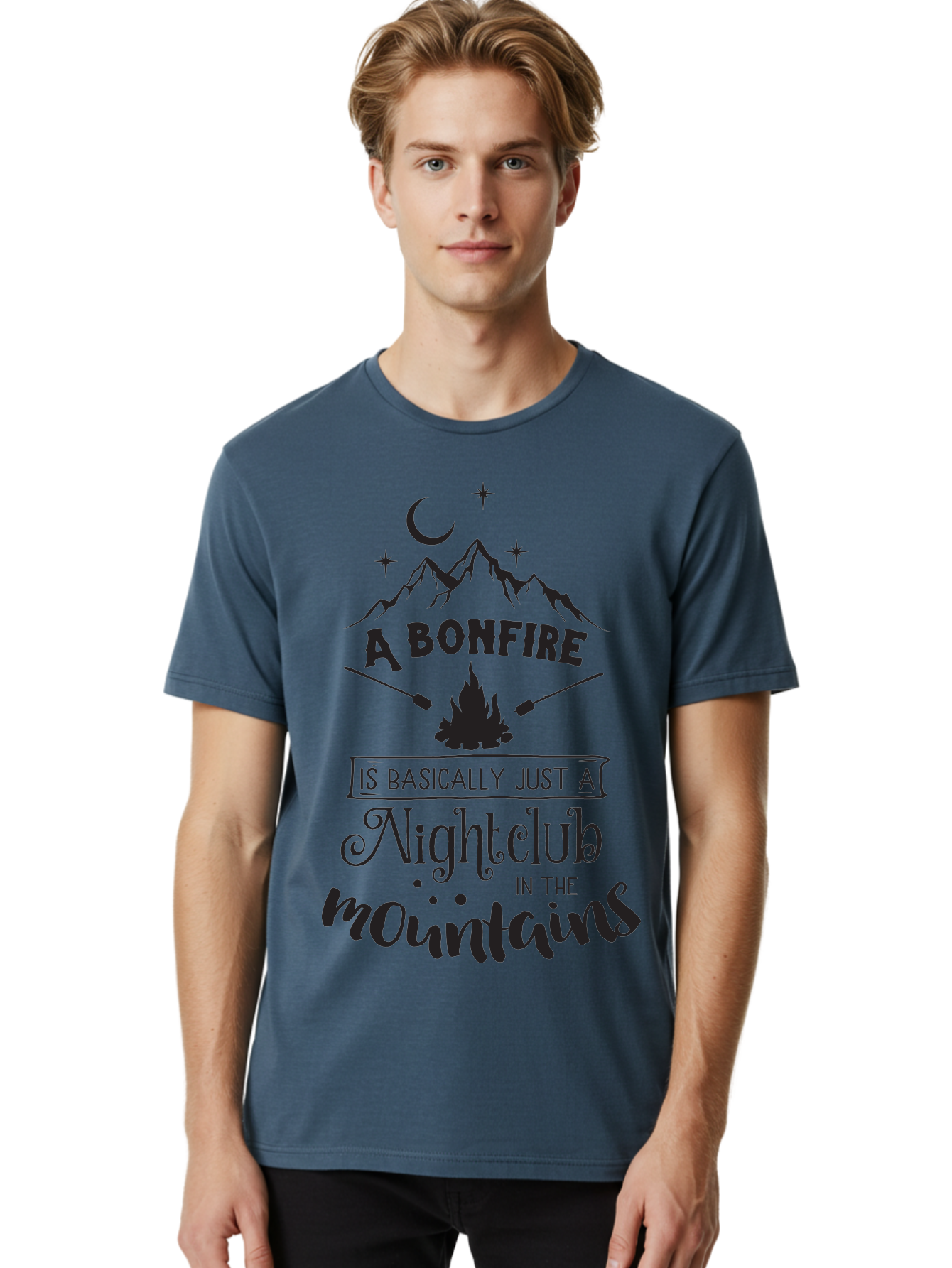 Bonfire-Nightclub Men'S Graphic Tee, 100% Cotton, Comfortable Casual Summer Wear, Machine Washable, Bonfire In The Mountains, Nightclub Atmosphere, Camping Vibes, Outdoor Adventures, Wilderness Getaway, Moonlit Nights, Starry Skies, Aac537