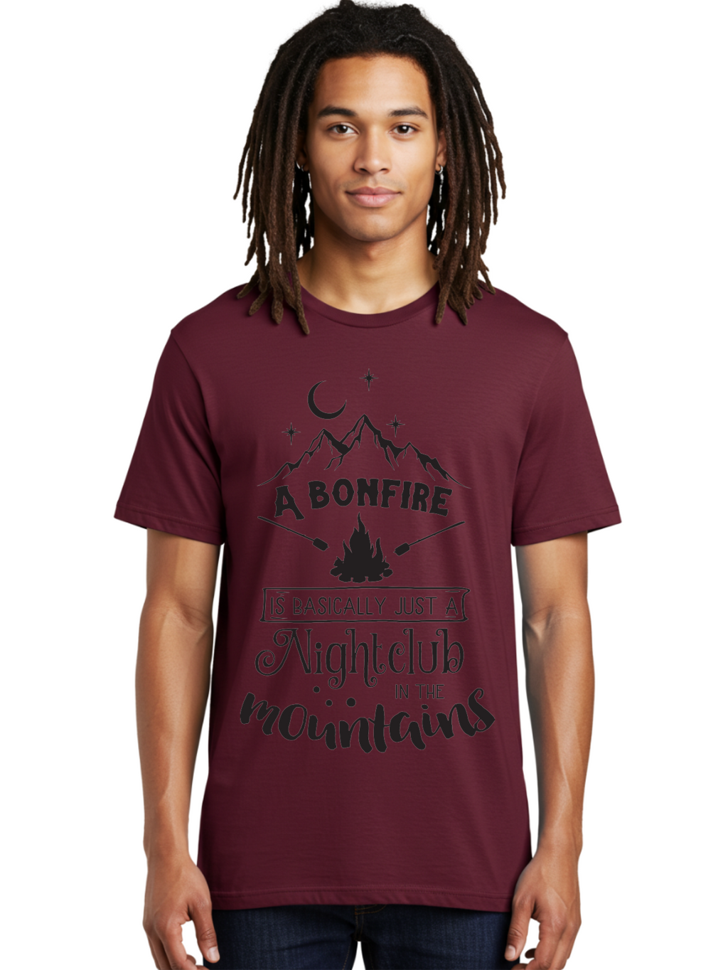 Bonfire-Nightclub Men'S Graphic Tee, 100% Cotton, Comfortable Casual Summer Wear, Machine Washable, Bonfire In The Mountains, Nightclub Atmosphere, Camping Vibes, Outdoor Adventures, Wilderness Getaway, Moonlit Nights, Starry Skies, Aac537