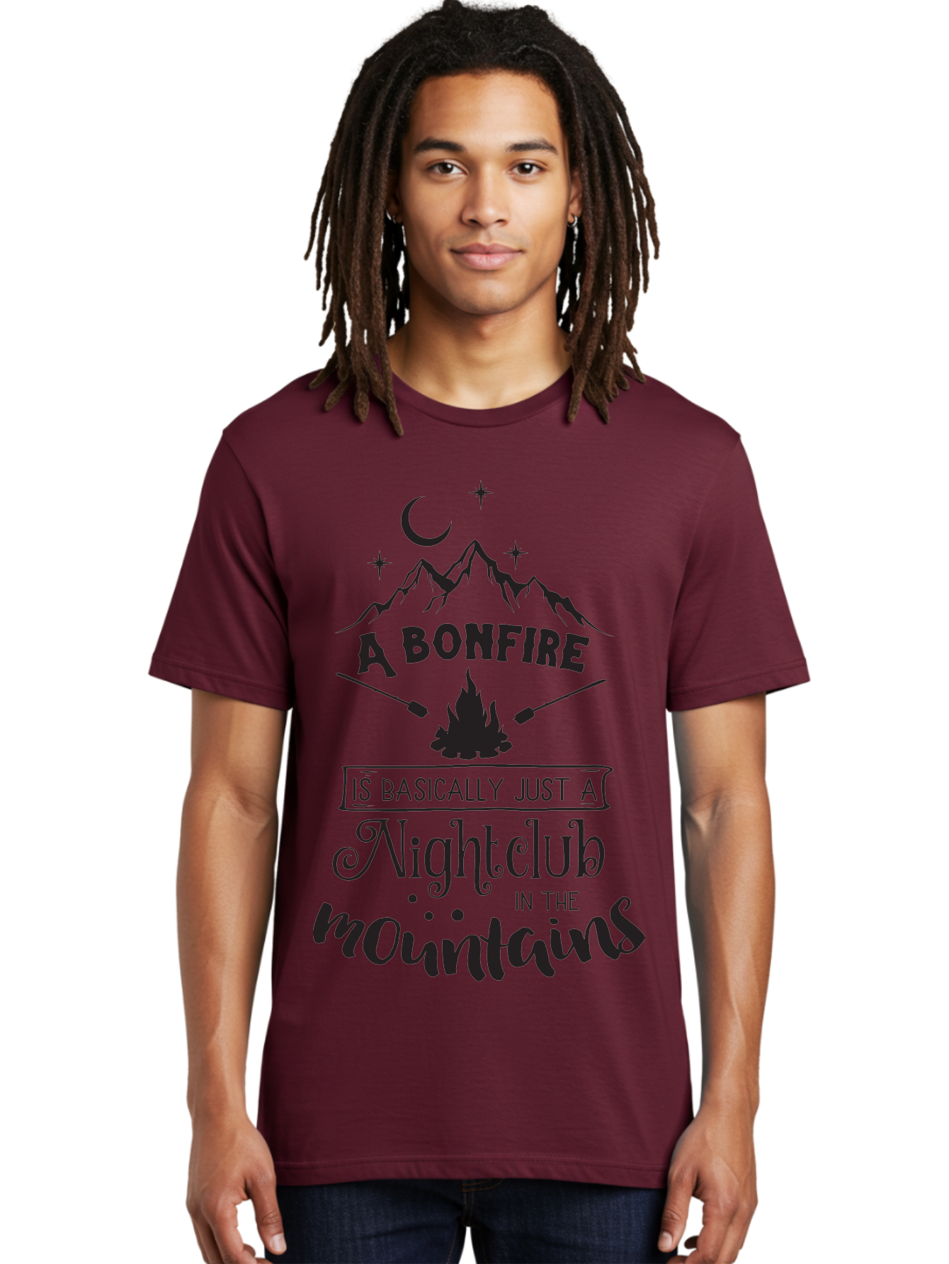 Bonfire-Nightclub Men'S Graphic Tee, 100% Cotton, Comfortable Casual Summer Wear, Machine Washable, Bonfire In The Mountains, Nightclub Atmosphere, Camping Vibes, Outdoor Adventures, Wilderness Getaway, Moonlit Nights, Starry Skies, Aac537