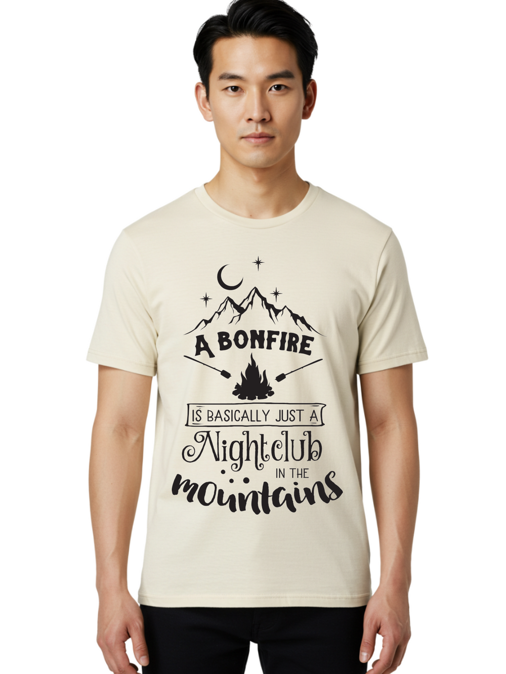 Bonfire-Nightclub Men'S Graphic Tee, 100% Cotton, Comfortable Casual Summer Wear, Machine Washable, Bonfire In The Mountains, Nightclub Atmosphere, Camping Vibes, Outdoor Adventures, Wilderness Getaway, Moonlit Nights, Starry Skies, Aac537