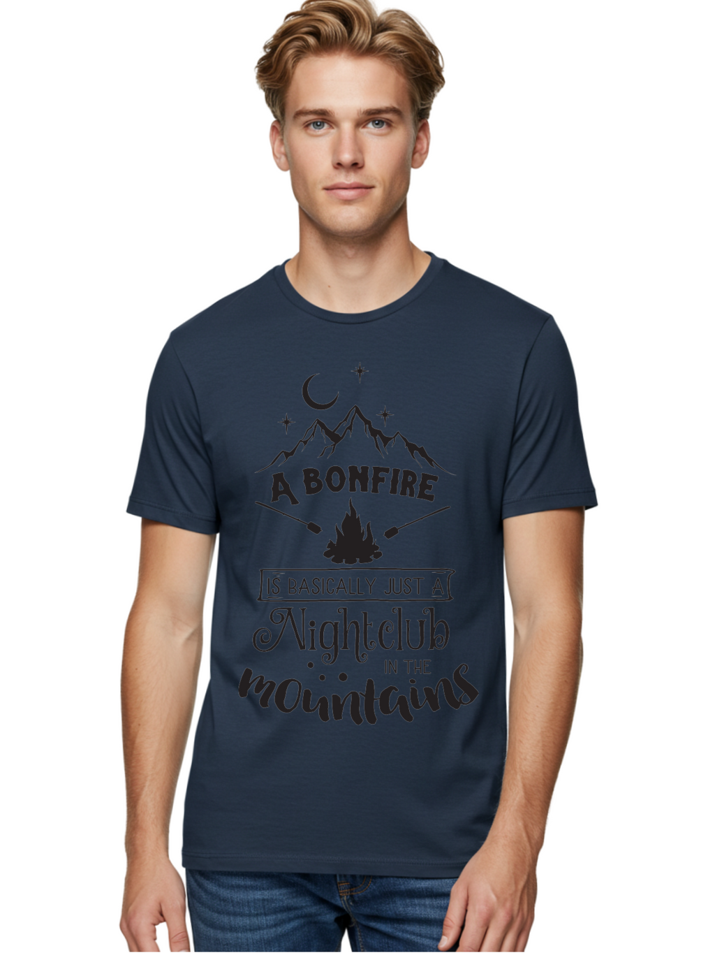 Bonfire-Nightclub Men'S Graphic Tee, 100% Cotton, Comfortable Casual Summer Wear, Machine Washable, Bonfire In The Mountains, Nightclub Atmosphere, Camping Vibes, Outdoor Adventures, Wilderness Getaway, Moonlit Nights, Starry Skies, Aac537