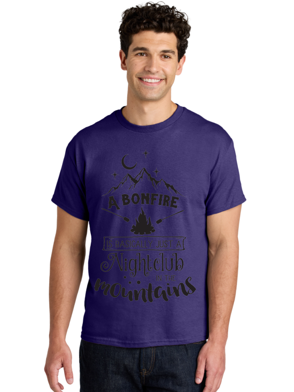 Bonfire-Nightclub Men'S Graphic Tee, 100% Cotton, Comfortable Casual Summer Wear, Machine Washable, Bonfire In The Mountains, Nightclub Atmosphere, Camping Vibes, Outdoor Adventures, Wilderness Getaway, Moonlit Nights, Starry Skies, Aac537