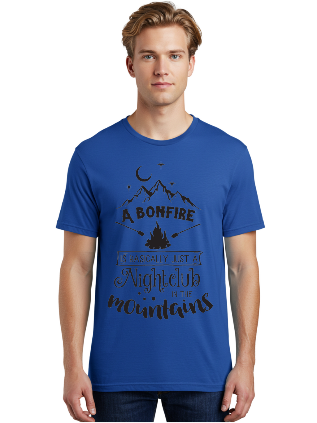 Bonfire-Nightclub Men'S Graphic Tee, 100% Cotton, Comfortable Casual Summer Wear, Machine Washable, Bonfire In The Mountains, Nightclub Atmosphere, Camping Vibes, Outdoor Adventures, Wilderness Getaway, Moonlit Nights, Starry Skies, Aac537