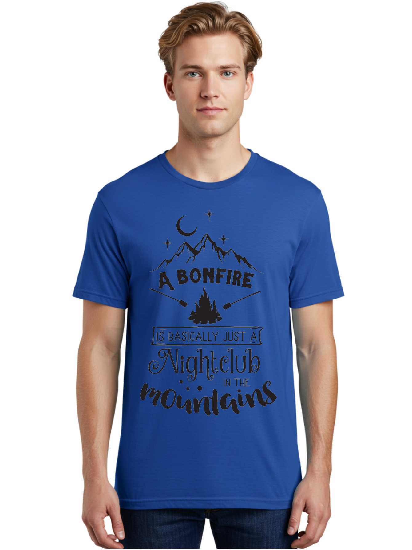 Bonfire-Nightclub Men'S Graphic Tee, 100% Cotton, Comfortable Casual Summer Wear, Machine Washable, Bonfire In The Mountains, Nightclub Atmosphere, Camping Vibes, Outdoor Adventures, Wilderness Getaway, Moonlit Nights, Starry Skies, Aac537