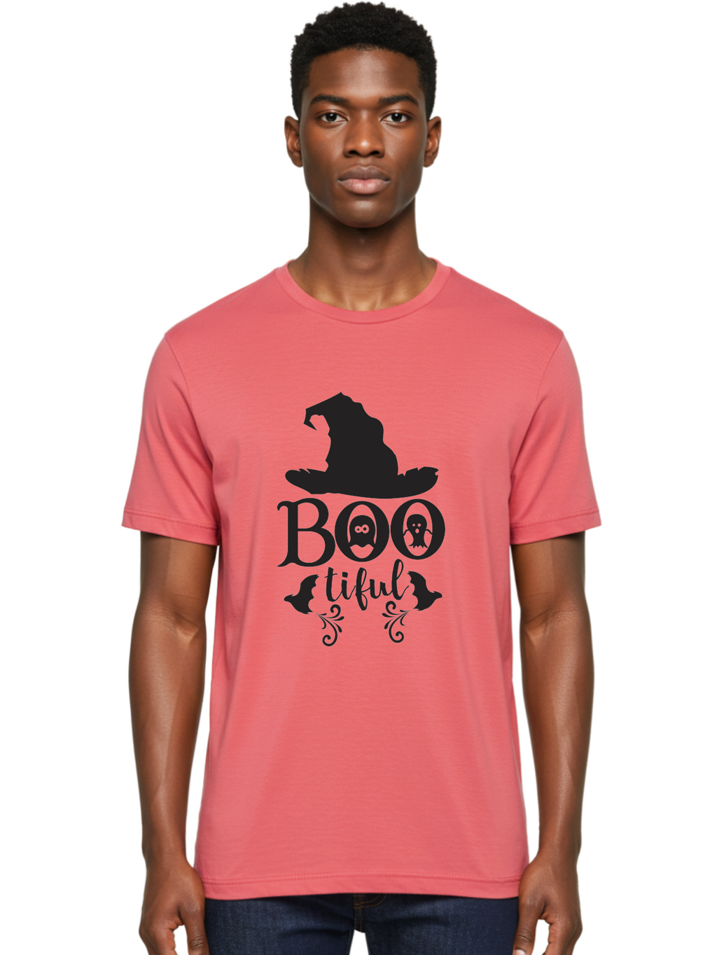 Boo-Tiful Men'S Graphic Tee, 100% Cotton, Comfortable Casual Summer Wear, Machine Washable, Halloween Design, Witch Hat, Ghostly Figures, Boo Tiful, Spooky Decor, Halloween Theme, Gothic Style, Mystical Vibes, Halloween Graphics Aac538