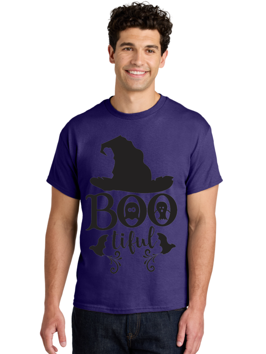 Boo-Tiful Men'S Graphic Tee, 100% Cotton, Comfortable Casual Summer Wear, Machine Washable, Halloween Design, Witch Hat, Ghostly Figures, Boo Tiful, Spooky Decor, Halloween Theme, Gothic Style, Mystical Vibes, Halloween Graphics Aac538