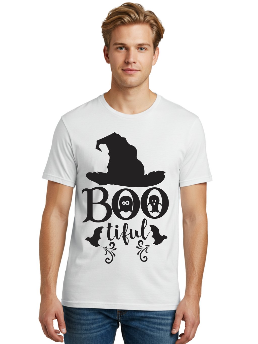 Boo-Tiful Men'S Graphic Tee, 100% Cotton, Comfortable Casual Summer Wear, Machine Washable, Halloween Design, Witch Hat, Ghostly Figures, Boo Tiful, Spooky Decor, Halloween Theme, Gothic Style, Mystical Vibes, Halloween Graphics Aac538