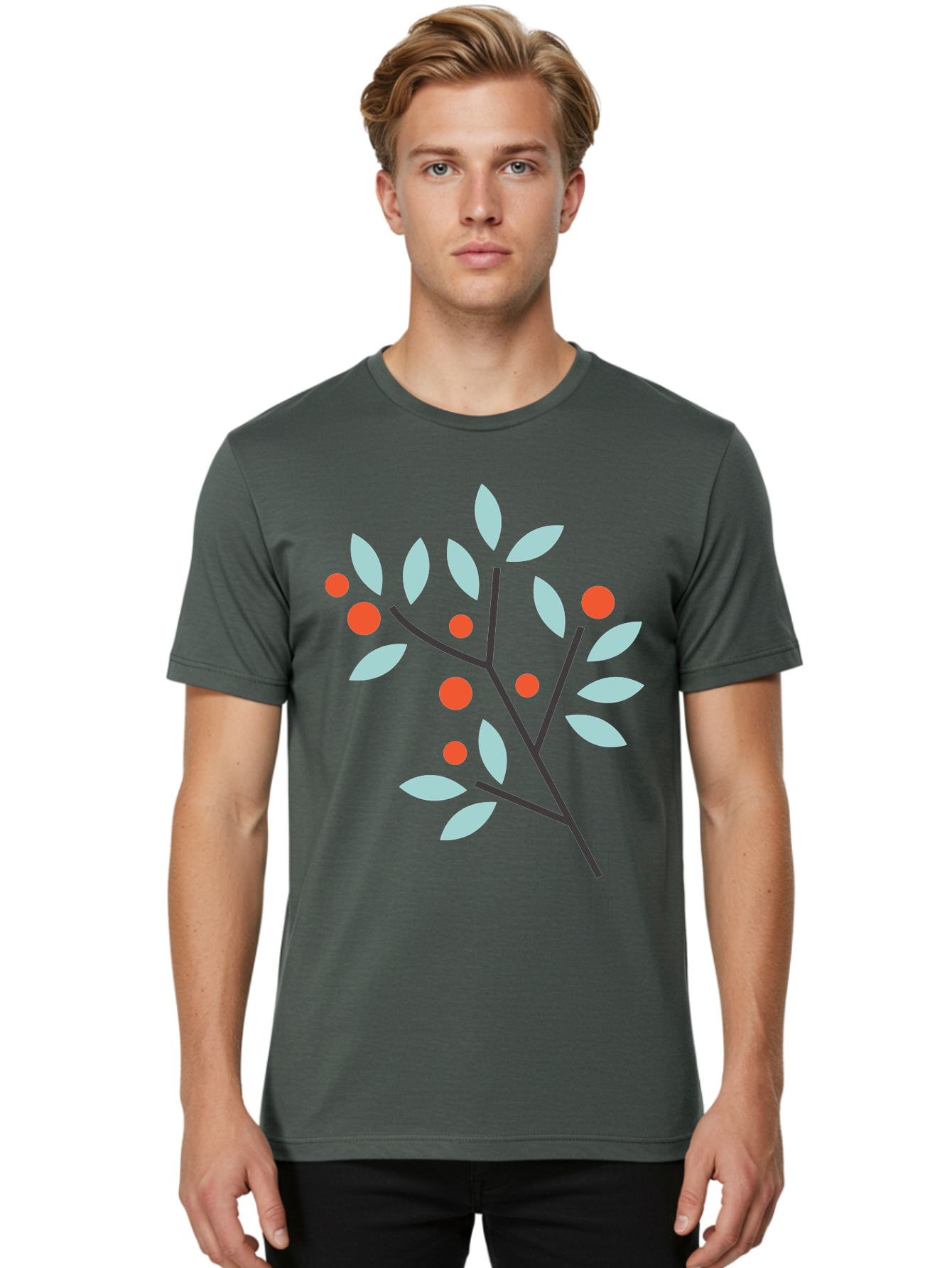Branch-With-Leaves-And-Berries Men'S Graphic Tee, 100% Cotton, Comfortable Casual Summer Wear, Machine Washable, Simple Branch, Red Berries, Light Blue Leaves, Black Branches, Minimalist Design, Flat Illustration, Nature-Inspired Art, Aac542