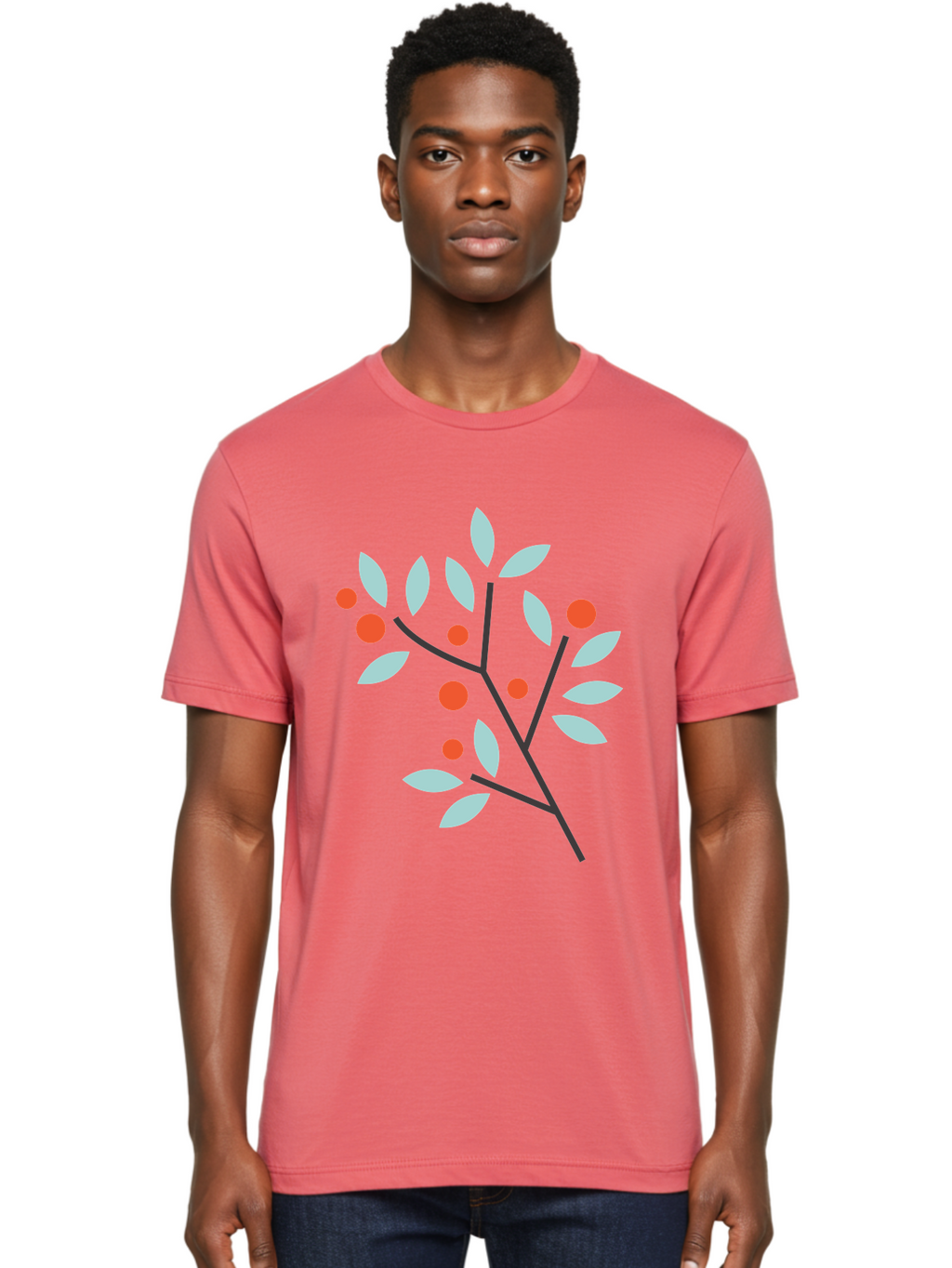 Branch-With-Leaves-And-Berries Men'S Graphic Tee, 100% Cotton, Comfortable Casual Summer Wear, Machine Washable, Simple Branch, Red Berries, Light Blue Leaves, Black Branches, Minimalist Design, Flat Illustration, Nature-Inspired Art, Aac542