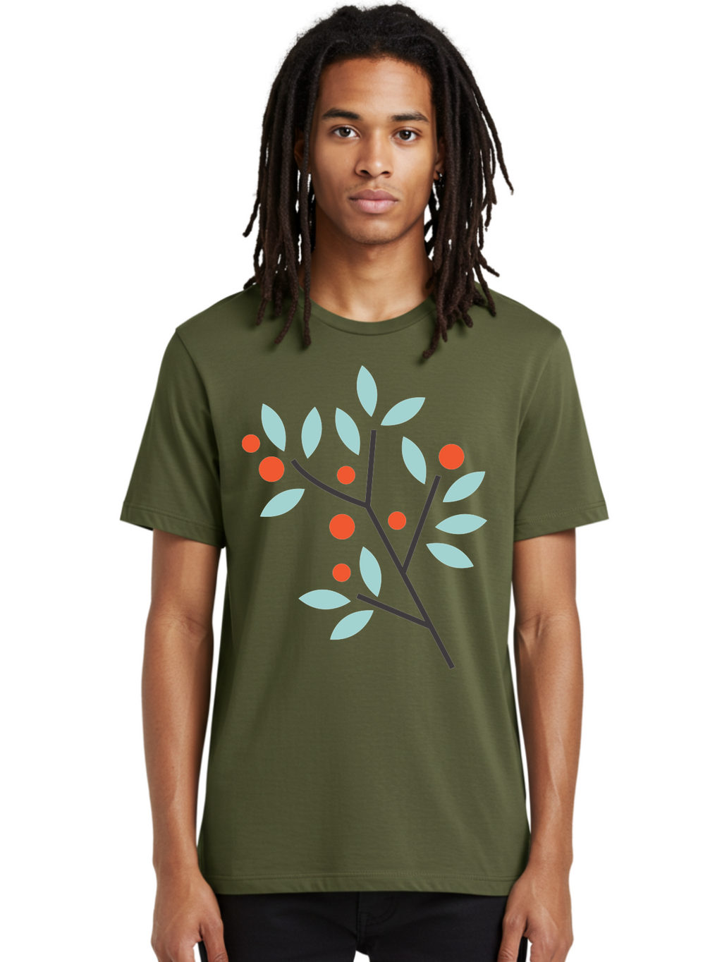 Branch-With-Leaves-And-Berries Men'S Graphic Tee, 100% Cotton, Comfortable Casual Summer Wear, Machine Washable, Simple Branch, Red Berries, Light Blue Leaves, Black Branches, Minimalist Design, Flat Illustration, Nature-Inspired Art, Aac542