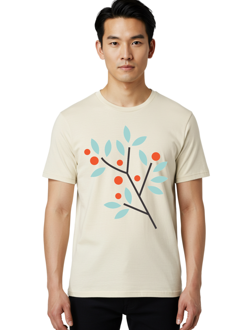 Branch-With-Leaves-And-Berries Men'S Graphic Tee, 100% Cotton, Comfortable Casual Summer Wear, Machine Washable, Simple Branch, Red Berries, Light Blue Leaves, Black Branches, Minimalist Design, Flat Illustration, Nature-Inspired Art, Aac542