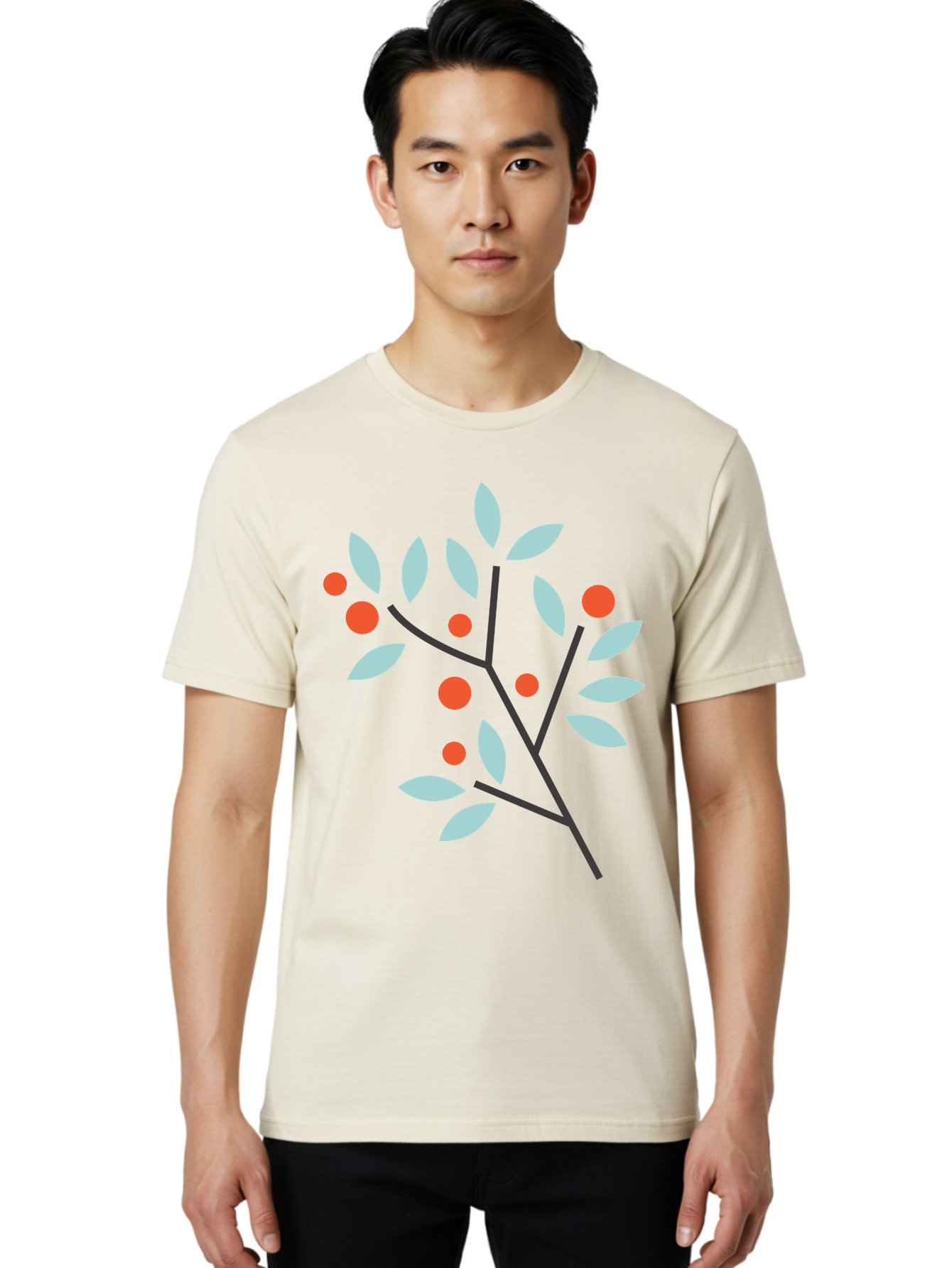Branch-With-Leaves-And-Berries Men'S Graphic Tee, 100% Cotton, Comfortable Casual Summer Wear, Machine Washable, Simple Branch, Red Berries, Light Blue Leaves, Black Branches, Minimalist Design, Flat Illustration, Nature-Inspired Art, Aac542