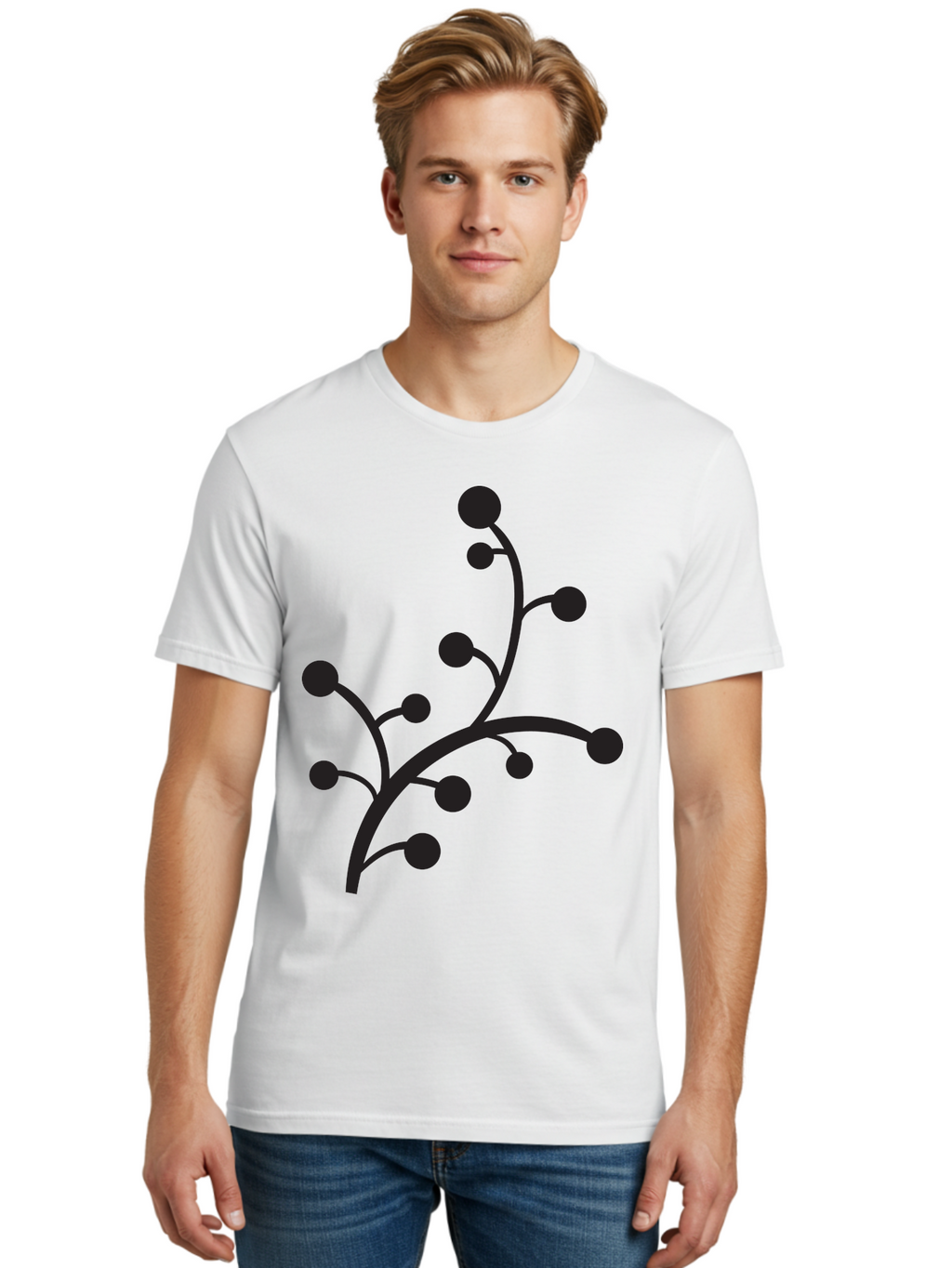 Branched-Stem Men'S Graphic Tee, 100% Cotton, Comfortable Casual Summer Wear, Machine Washable, Mistletoe Silhouette, Minimalist Design, Black And Green Color Scheme, Festive Decor, Holiday Icon, Christmas Symbol, Simple Graphics, Aac543