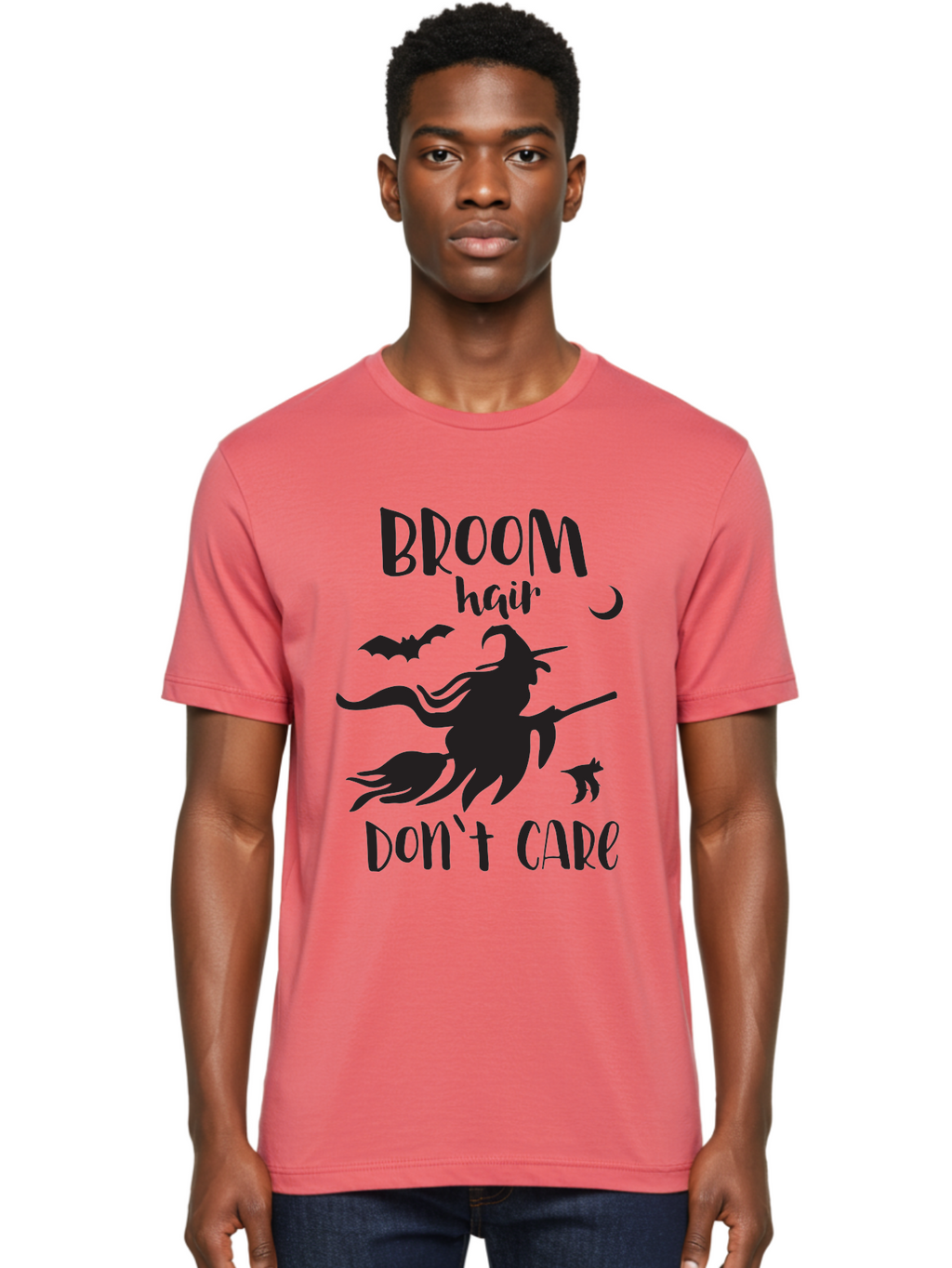Broom-Hair-Don-T-Care Men'S Graphic Tee, 100% Cotton, Comfortable Casual Summer Wear, Machine Washable, Witch Silhouette, Broomstick, Halloween Theme, Bats Flying, Crescent Moon, Cat Silhouette, Spooky Atmosphere, Witchy Vibes, Mystical Night, Aac547