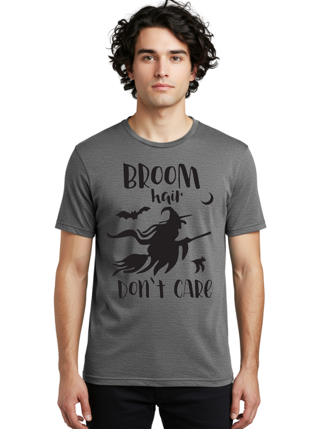 Broom-Hair-Don-T-Care Men'S Graphic Tee, 100% Cotton, Comfortable Casual Summer Wear, Machine Washable, Witch Silhouette, Broomstick, Halloween Theme, Bats Flying, Crescent Moon, Cat Silhouette, Spooky Atmosphere, Witchy Vibes, Mystical Night, Aac547