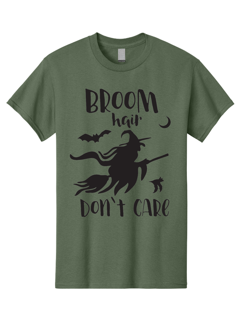 Broom-Hair-Don-T-Care Men'S Graphic Tee, 100% Cotton, Comfortable Casual Summer Wear, Machine Washable, Witch Silhouette, Broomstick, Halloween Theme, Bats Flying, Crescent Moon, Cat Silhouette, Spooky Atmosphere, Witchy Vibes, Mystical Night, Aac547