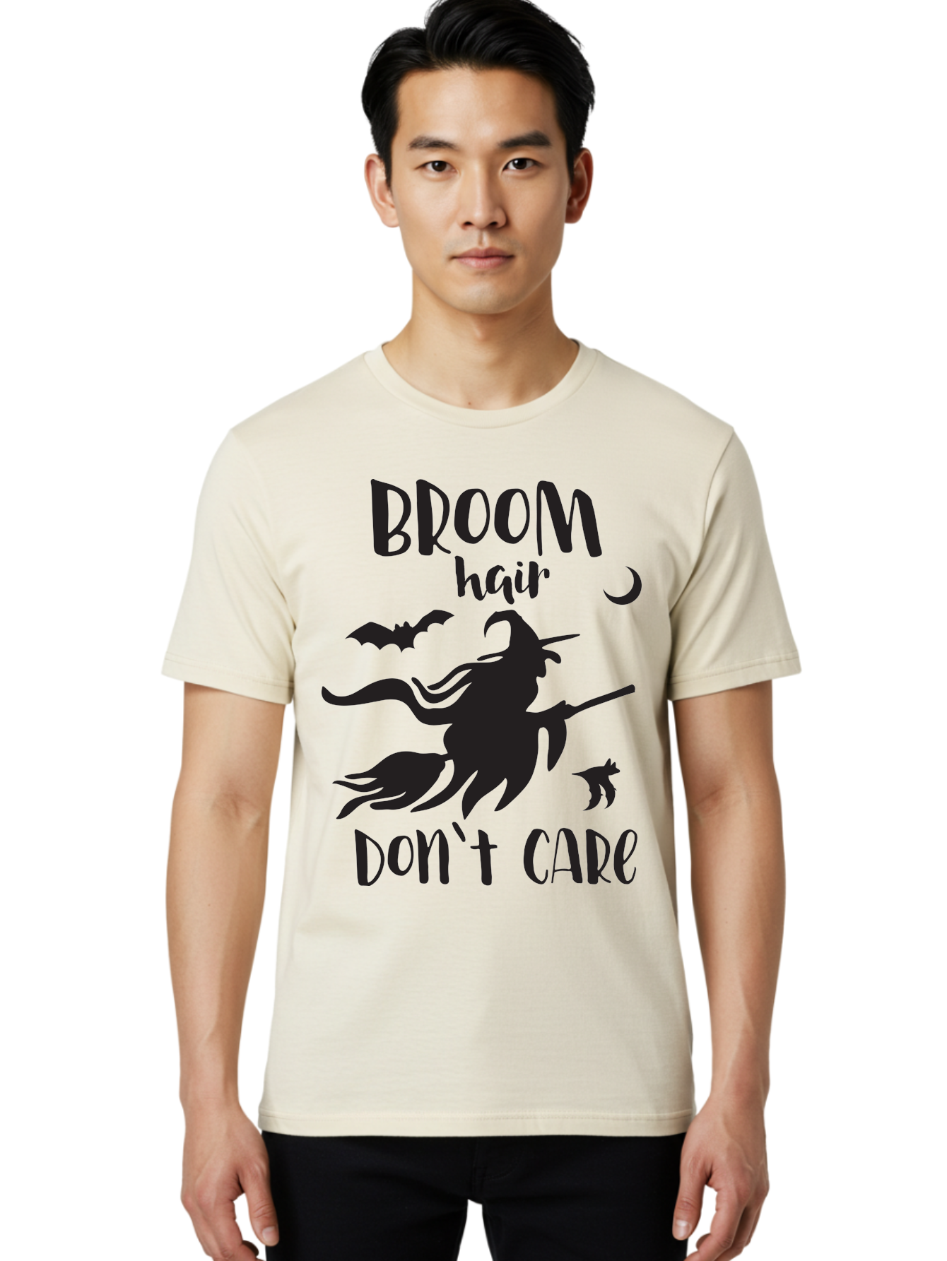 Broom-Hair-Don-T-Care Men'S Graphic Tee, 100% Cotton, Comfortable Casual Summer Wear, Machine Washable, Witch Silhouette, Broomstick, Halloween Theme, Bats Flying, Crescent Moon, Cat Silhouette, Spooky Atmosphere, Witchy Vibes, Mystical Night, Aac547