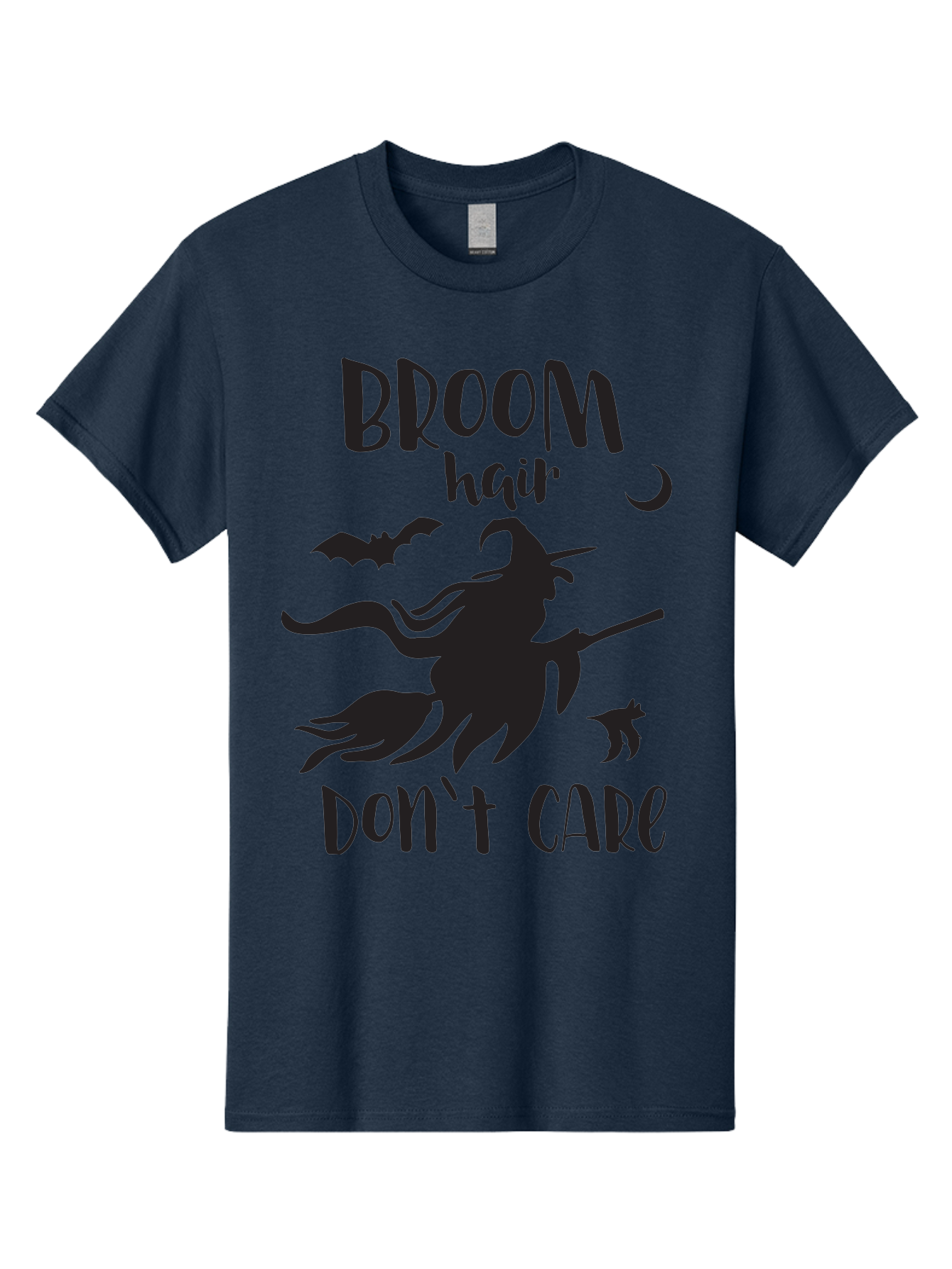 Broom-Hair-Don-T-Care Men'S Graphic Tee, 100% Cotton, Comfortable Casual Summer Wear, Machine Washable, Witch Silhouette, Broomstick, Halloween Theme, Bats Flying, Crescent Moon, Cat Silhouette, Spooky Atmosphere, Witchy Vibes, Mystical Night, Aac547