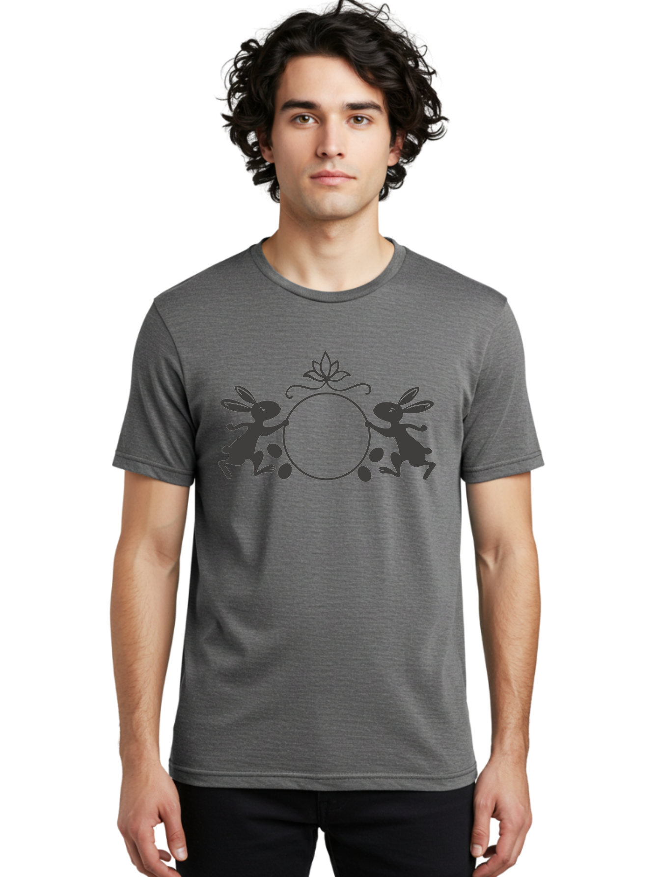 Bunnies-And-Eggs-Frame Men'S Graphic Tee, 100% Cotton, Comfortable Casual Summer Wear, Machine Washable, Easter Bunnies, Holding Circle, Eggs, Floral Decor, Spring Theme, Easter Eggs, Bunny Silhouette, Pastel Colors, Easter Decoration Aac548