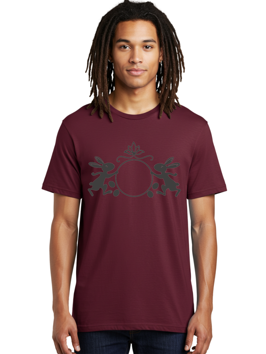 Bunnies-And-Eggs-Frame Men'S Graphic Tee, 100% Cotton, Comfortable Casual Summer Wear, Machine Washable, Easter Bunnies, Holding Circle, Eggs, Floral Decor, Spring Theme, Easter Eggs, Bunny Silhouette, Pastel Colors, Easter Decoration Aac548
