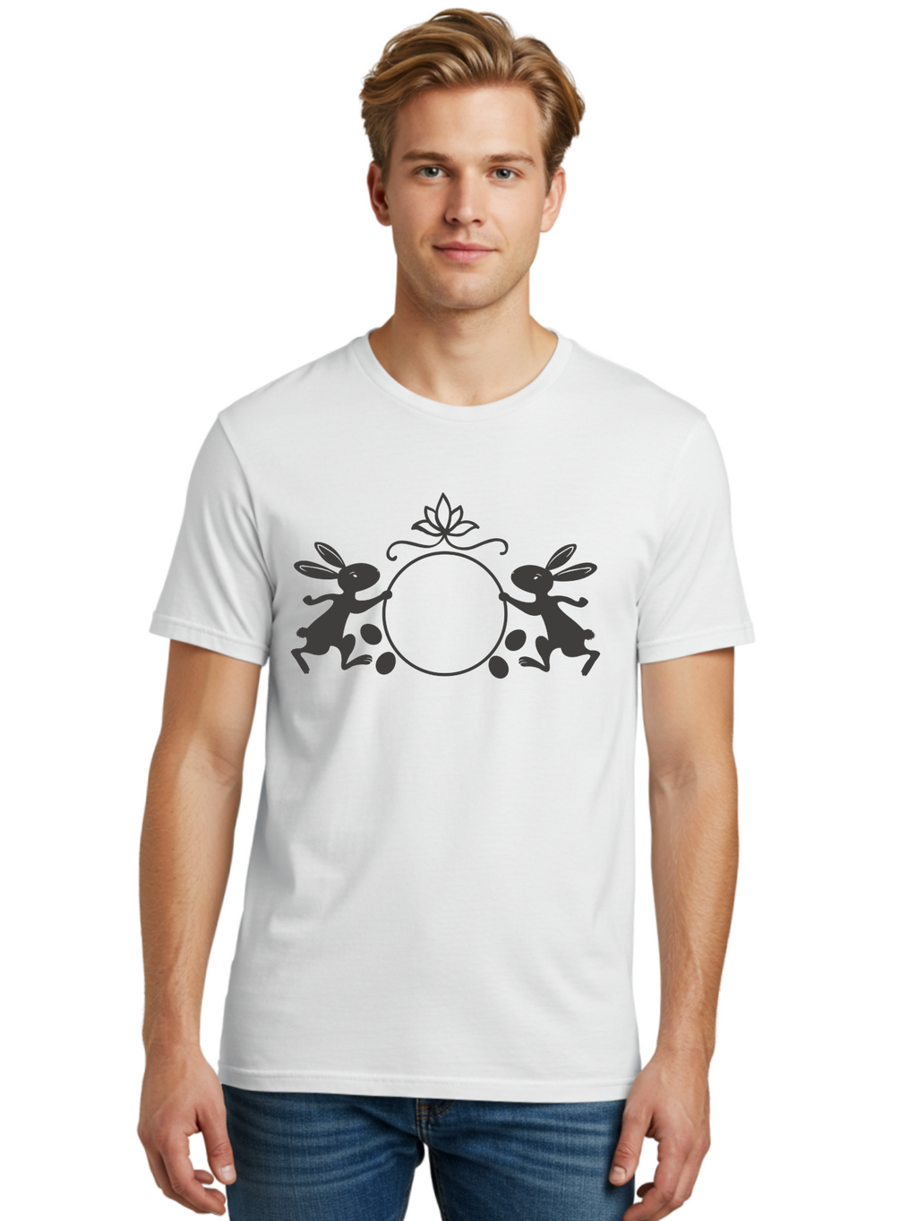 Bunnies-And-Eggs-Frame Men'S Graphic Tee, 100% Cotton, Comfortable Casual Summer Wear, Machine Washable, Easter Bunnies, Holding Circle, Eggs, Floral Decor, Spring Theme, Easter Eggs, Bunny Silhouette, Pastel Colors, Easter Decoration Aac548