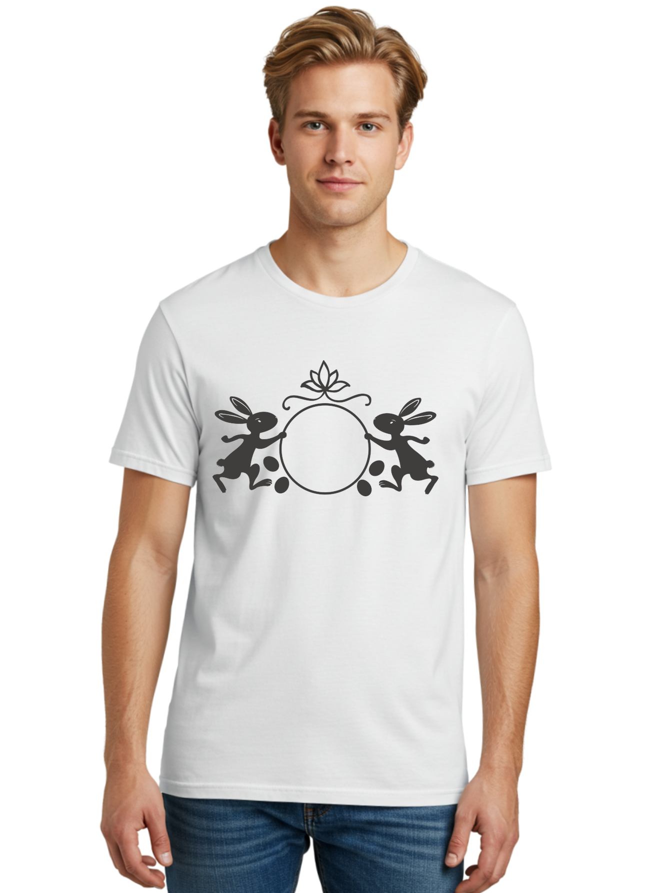 Bunnies-And-Eggs-Frame Men'S Graphic Tee, 100% Cotton, Comfortable Casual Summer Wear, Machine Washable, Easter Bunnies, Holding Circle, Eggs, Floral Decor, Spring Theme, Easter Eggs, Bunny Silhouette, Pastel Colors, Easter Decoration Aac548