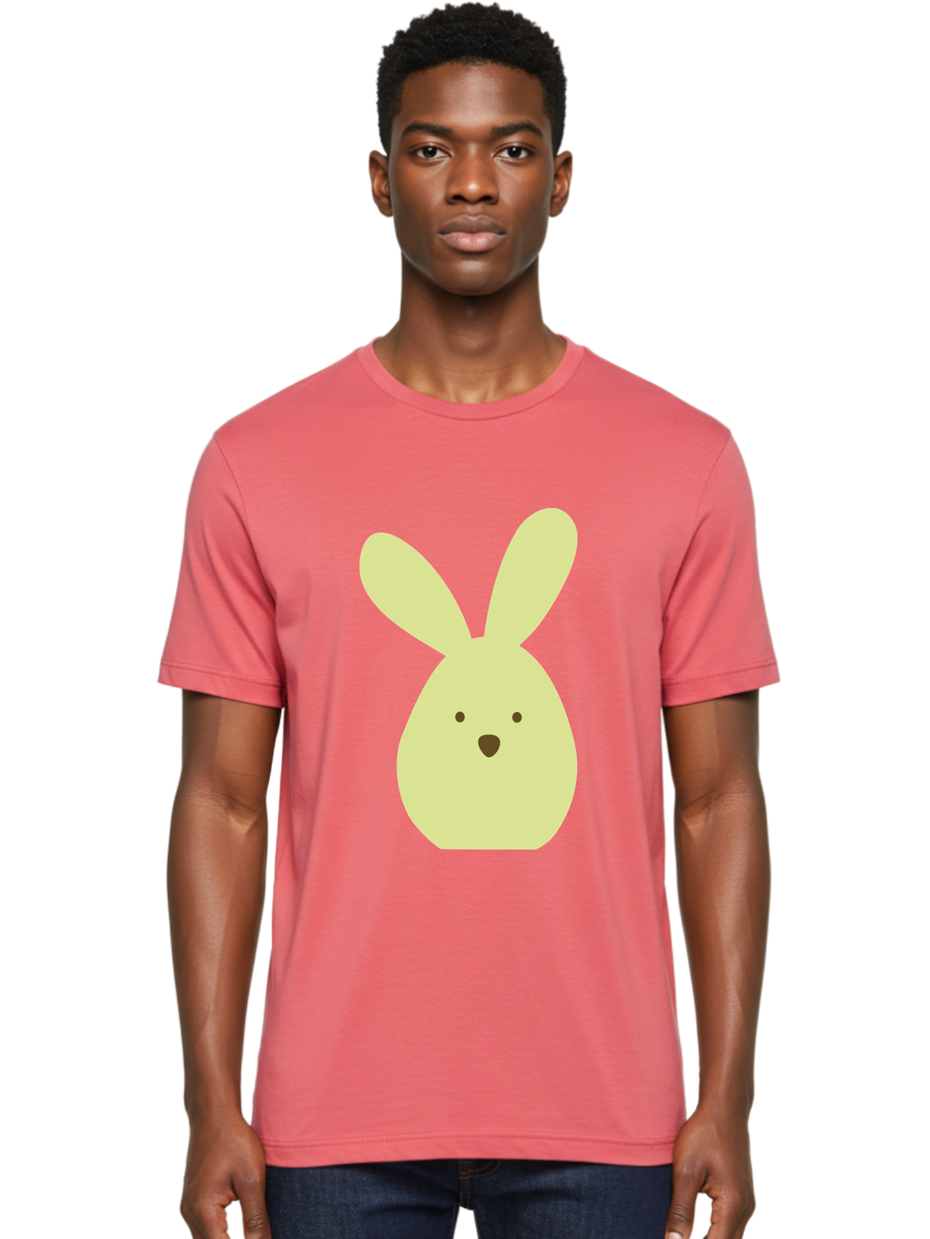 Bunny-Face Men'S Graphic Tee, 100% Cotton, Comfortable Casual Summer Wear, Machine Washable, Cartoon Bunny, Easter Bunny, Cute, Simple Design, Childrens Illustration, Rabbit Face, Brown Nose, Pale Yellow, Digital Art Aac549