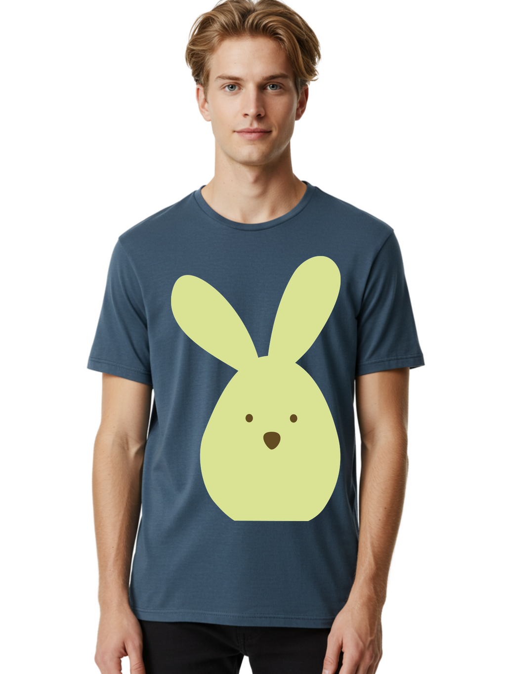 Bunny-Face Men'S Graphic Tee, 100% Cotton, Comfortable Casual Summer Wear, Machine Washable, Cartoon Bunny, Easter Bunny, Cute, Simple Design, Childrens Illustration, Rabbit Face, Brown Nose, Pale Yellow, Digital Art Aac549