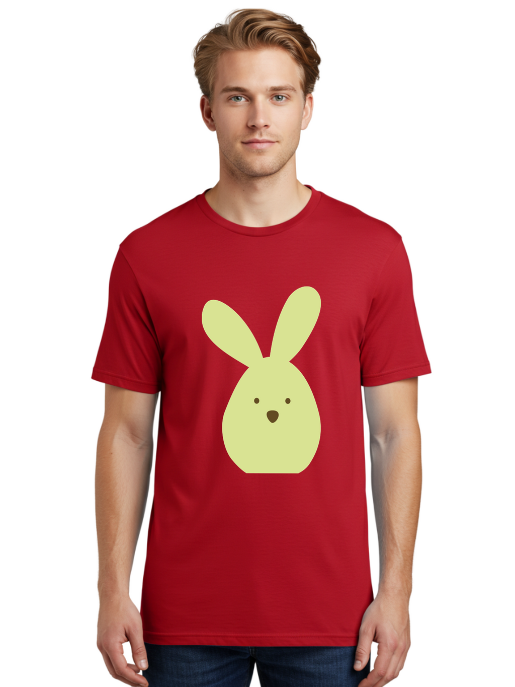 Bunny-Face Men'S Graphic Tee, 100% Cotton, Comfortable Casual Summer Wear, Machine Washable, Cartoon Bunny, Easter Bunny, Cute, Simple Design, Childrens Illustration, Rabbit Face, Brown Nose, Pale Yellow, Digital Art Aac549