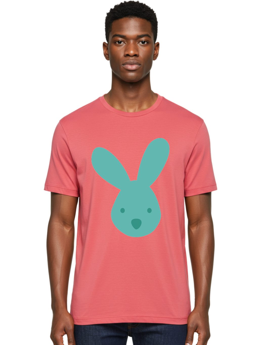 Bunny-Head Men'S Graphic Tee, 100% Cotton, Comfortable Casual Summer Wear, Machine Washable, Cartoon Bunny, Teal Rabbit, Simple Design, Cute Face, Digital Illustration, Easter Theme, Minimalist Art, Pastel Colors Aac550